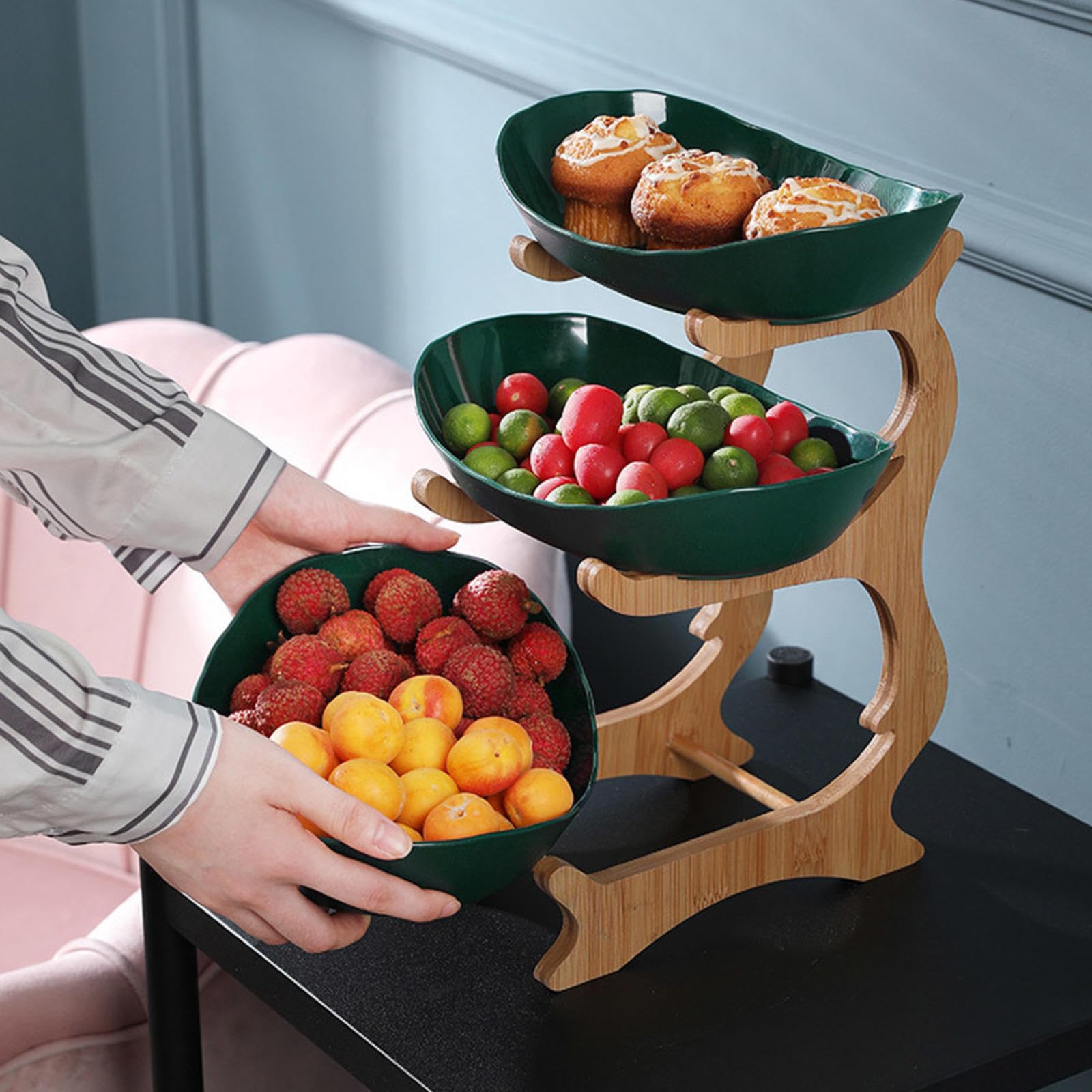 Présentoir à Fruits 3 étages En Bambou - Bols Plastique Blanc - Pour Fruits, Légumes, Snacks - Gain De Place Cuisine