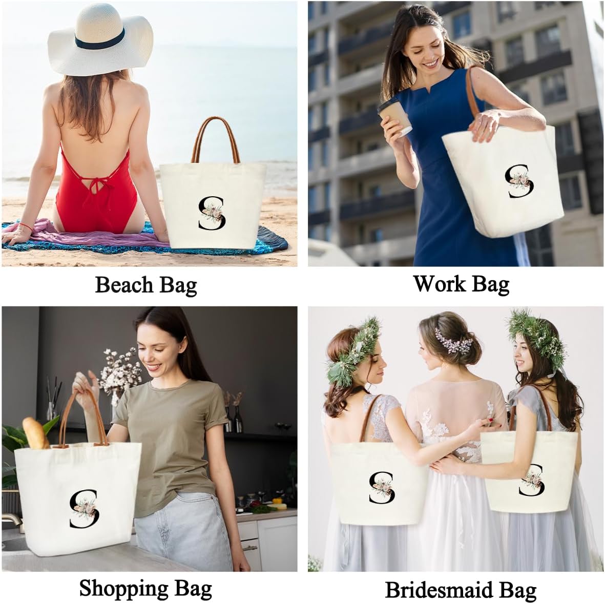 Boho Monogram Initial S Tote Bags for Women, Personalized Canvas Tote Bags Monogrammed Gifts for Women Birthday Wedding Gifts for Mom Sister Teacher Friend Bridesmaid, Beach Bag Shopping Handbag -ZM18 - Image 6