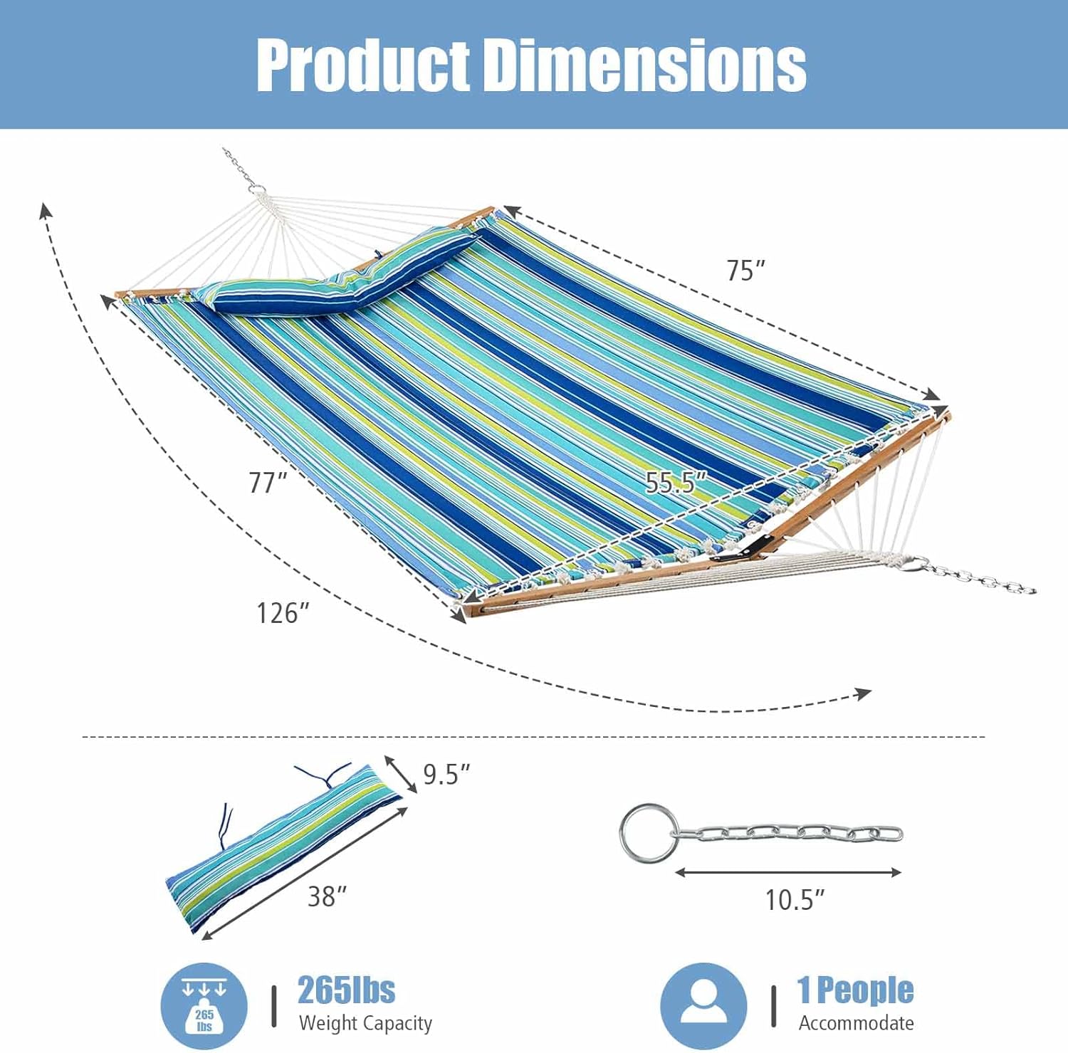 GYMAX Hammock, Portable Hammocks with Spreader Bars & Detachable Pillow, Quick Dry Adjustable Folding Camping Hammock for Outdoor Patio Beach Picnic Poolside