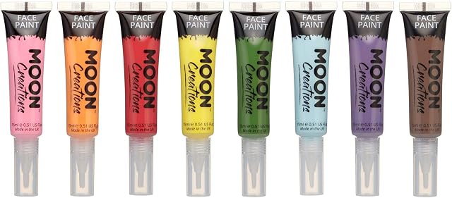 Moon Creations Face & Body Paint Tubes with Brush Applicator | Set of 8 | 15ml | Ready to Use | Cruelty Free, Made in UK | Face Paint for Kids, Adults, Fancy Dress, Festivals, Halloween
