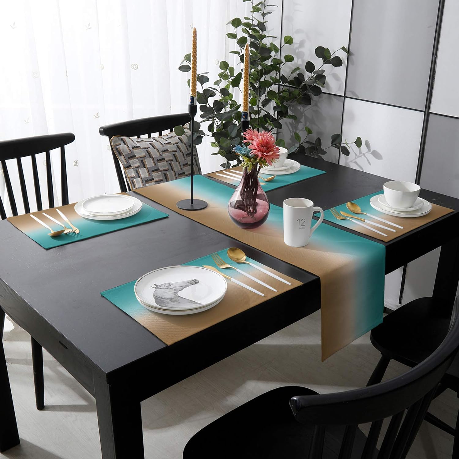 Artwork Store 70 Inch Table Runner and Placemats Set of 6 Kits for Dinner Table, Ombre Turquoise Brown Heat Resistant Cotton Linen Table Runner and 6pcs Table Mats for Dining Table Sets