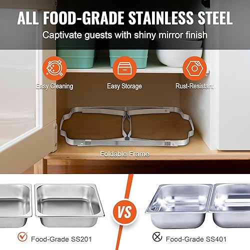 Miniatura 3 de VEVOR Juego de bufé de platos de 8 cuartos de galón, paquete de 6 unidades, de acero inoxidable con 6 sartenes de tamaño completo, servidor