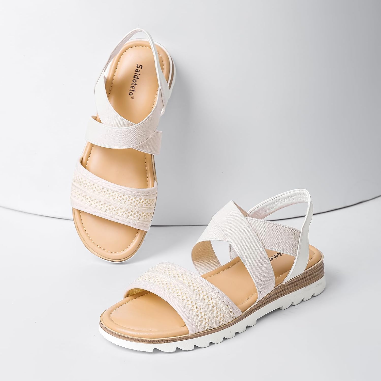 Saidoteto Women's Flat Sandals,Comfortable Elastic Ankle Strap Slingback Slip-On Open Toe Low Wedge Walking Sandals for Summer & Casual - Image 2