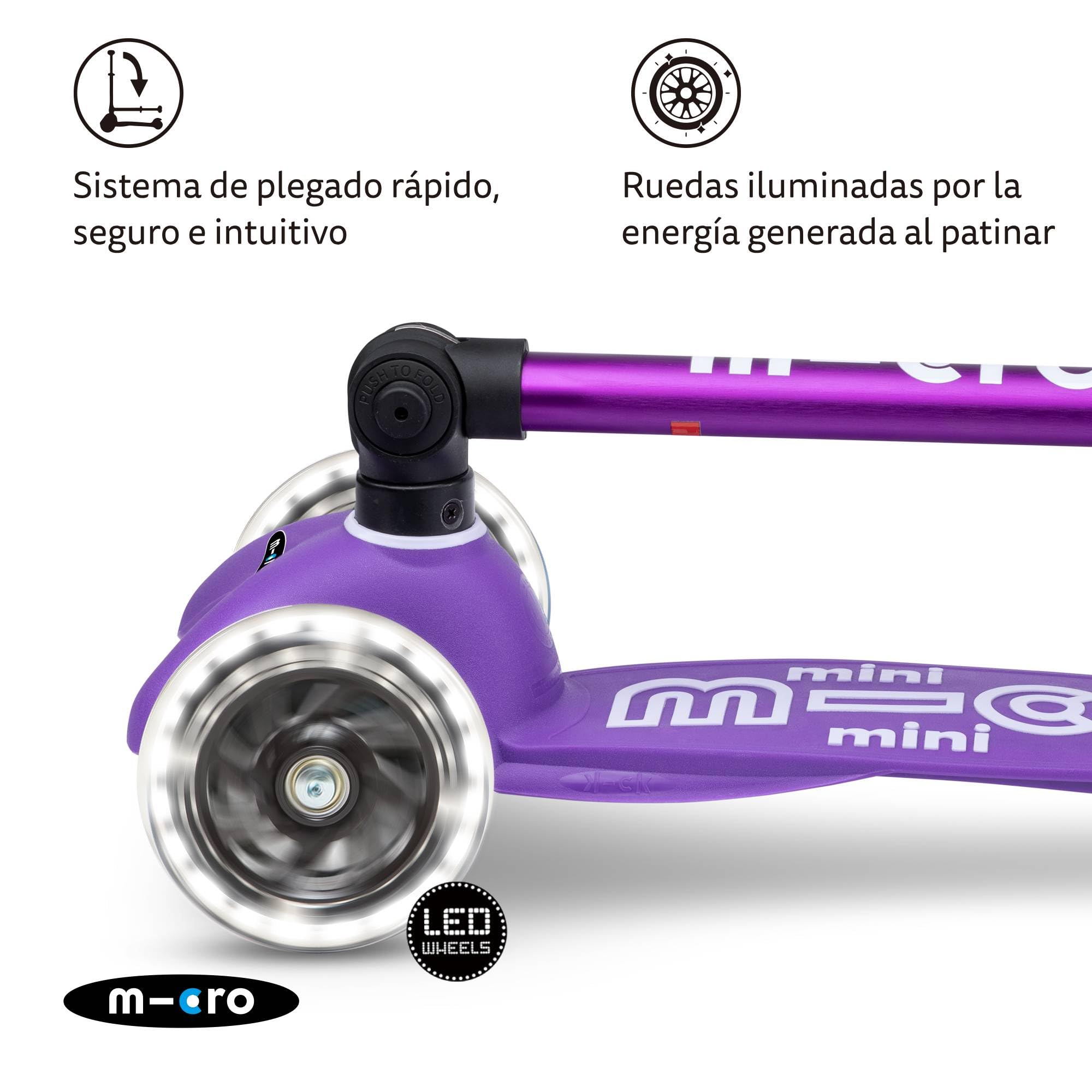 Micro Kickboard | Mini patinete plegable LED para niños de 2 a 5 años | Niños de hasta 110 libras | Diseño de 3 ruedas de inclinación para dirigir | Barra en T ajustable | Paseo suave, ruedas LED de
