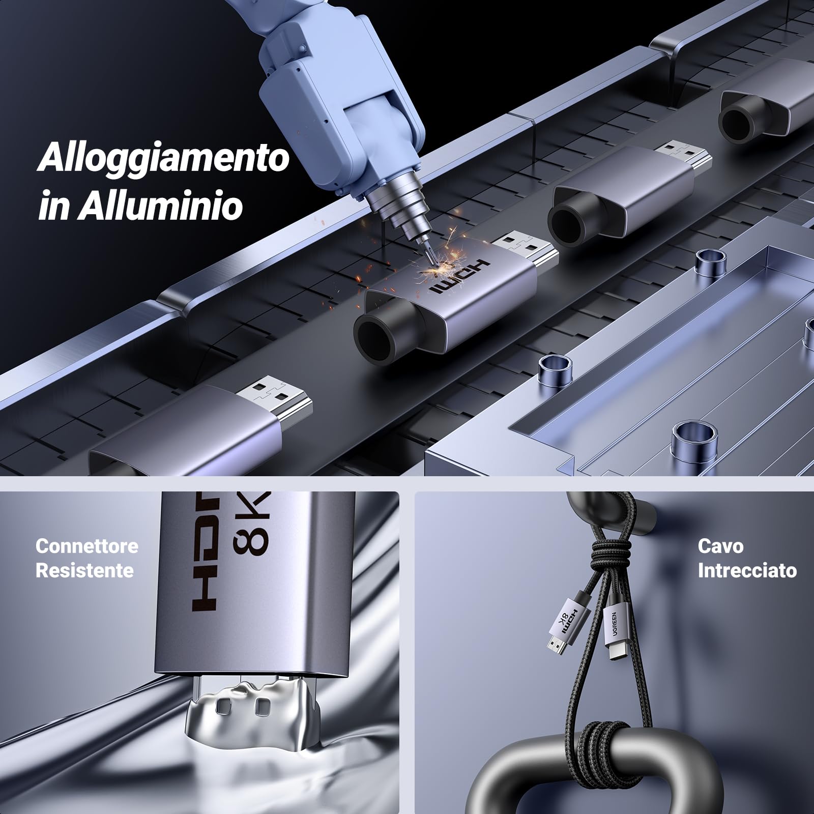 UGREEN Cavo HDMI 2.1 8K Cavo HDMI certificato 8K 60Hz 4K 240Hz Ultra Alta Velocità 48Gbps Alluminio eARC HDCP Dynamic HDR Dolby Atmos Compatibile con HDTV Monitor PS5 PS4 Xbox PC, 10M