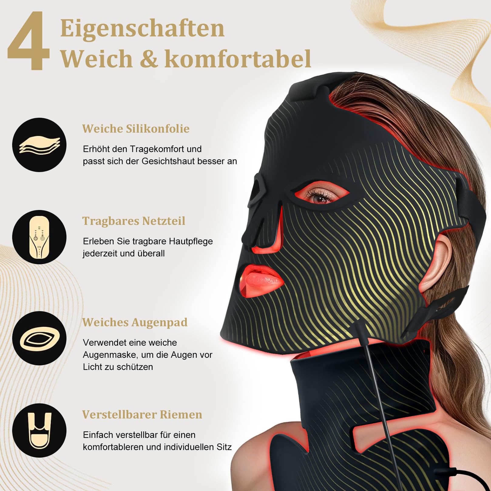 NEEMOSI Maschera LED Per Terapia Della Luce e Collo, LED Mask Rossa Infrarossa a 7 colori, con 180 Perle, 1440 Chip, Maschera Luce Rossa Viso Per Tutti i Tipi di Pelle.(Oro nero)