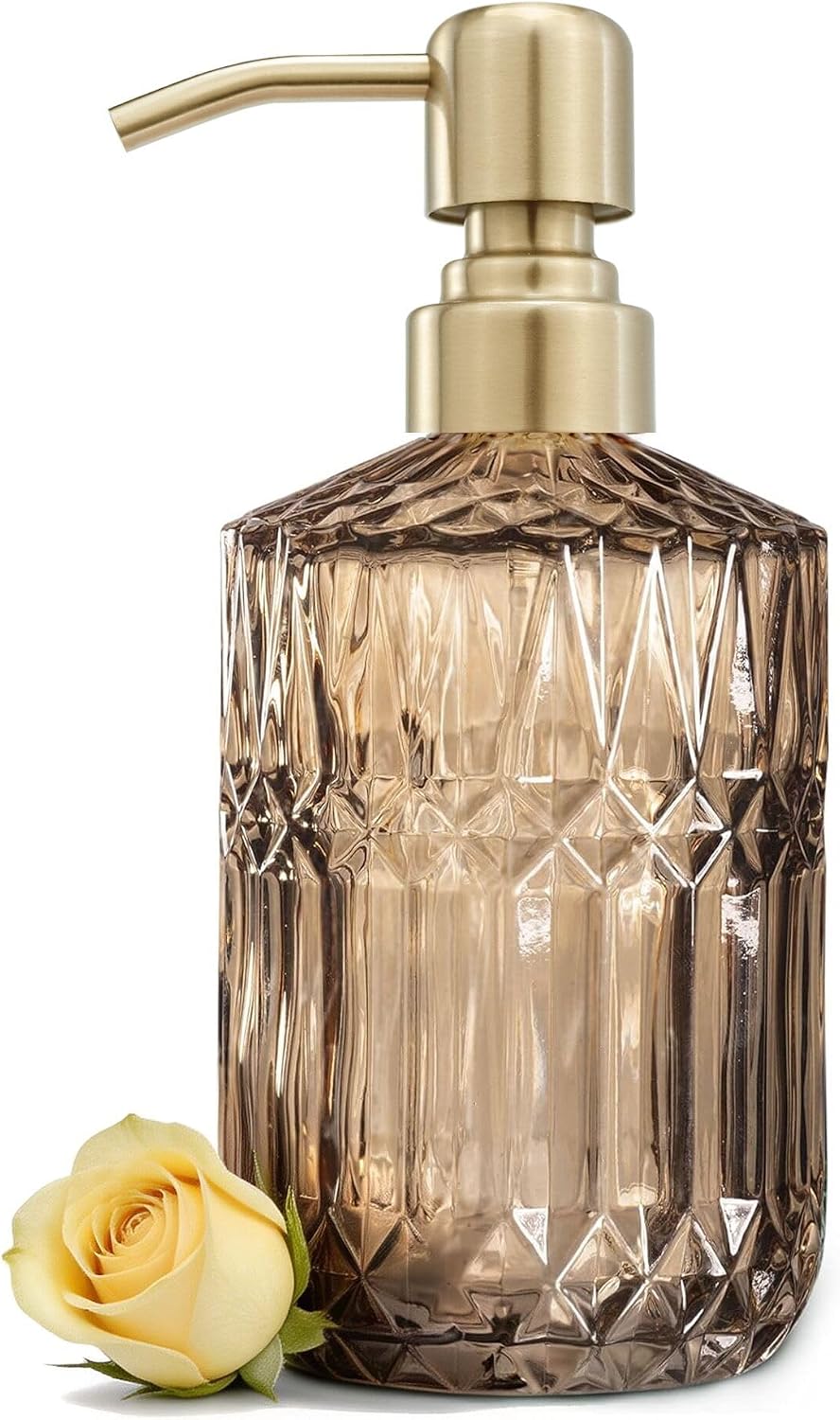 Brown Glass Soap Dispenser with Rust Proof Stainless Steel Pump, Crystal Lotion Dispensers for Kitchen, Amber Bathroom Glass Soap Dispensers with Oil Rubbed Bronze Pump