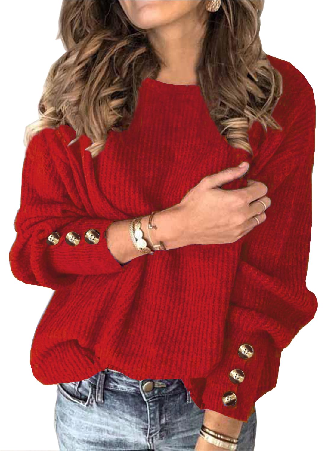 Womens Pullover Sweaters Batwing Long Sleeve Crewneck Casual Loose Knit Jumper Tops with Buttons