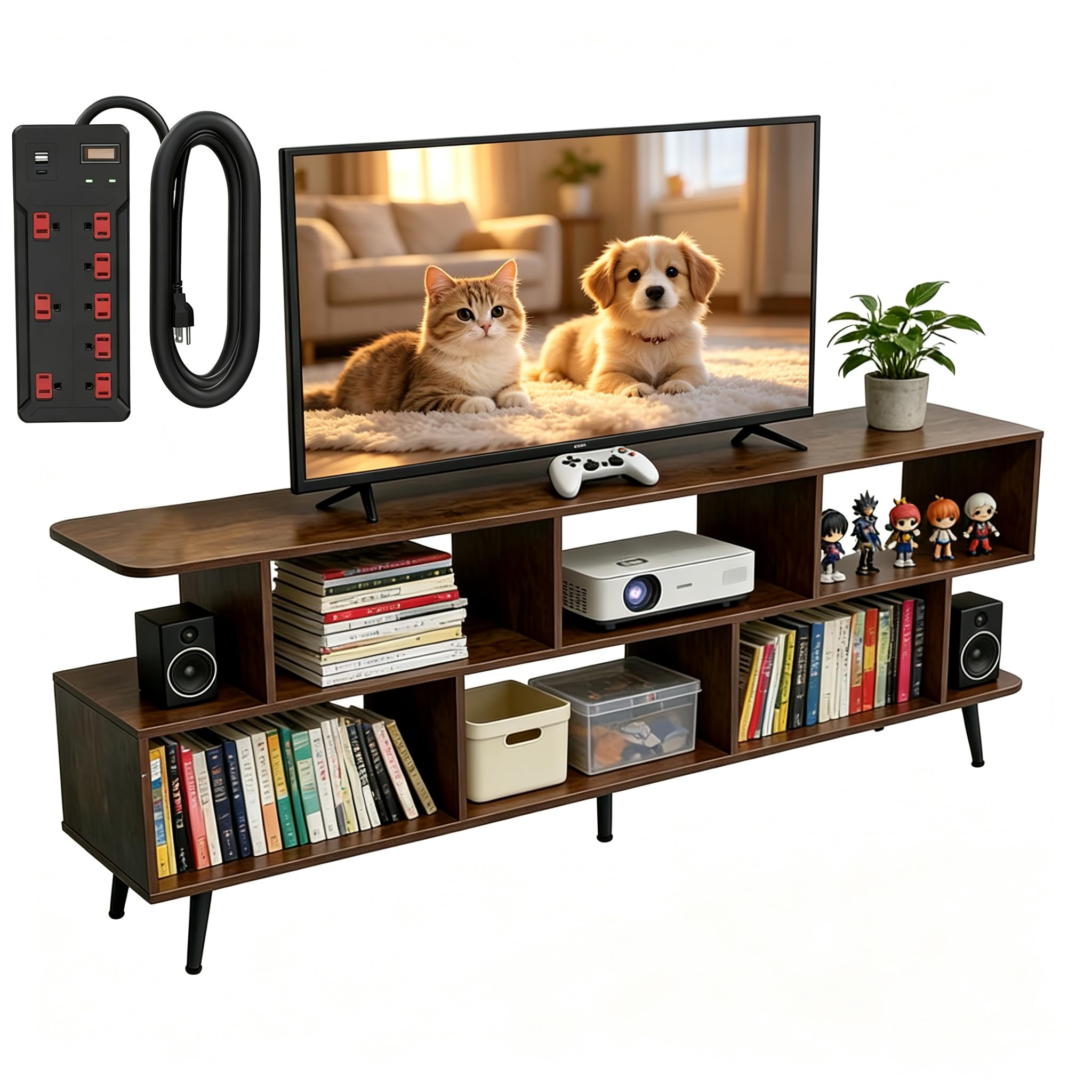 65" Mid-Century Amber TV Stand with Outlet Fits TVs up to 75"
