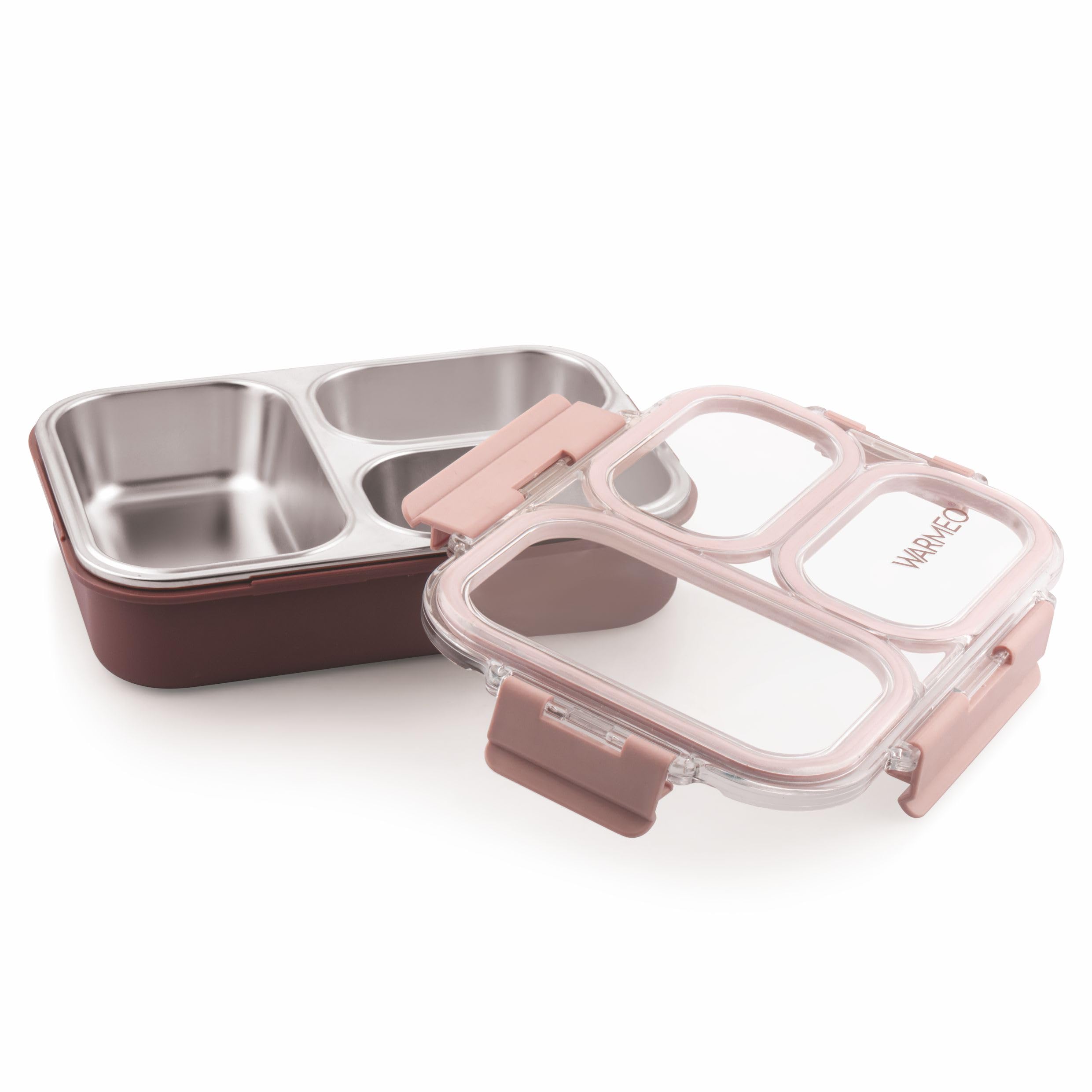 WARMEO BENTO Microwave-Safe Stainless Steel Lunchbox with 3 compartments,bpa Free,Perfect for Office, School, Travelling, 750ml-brown