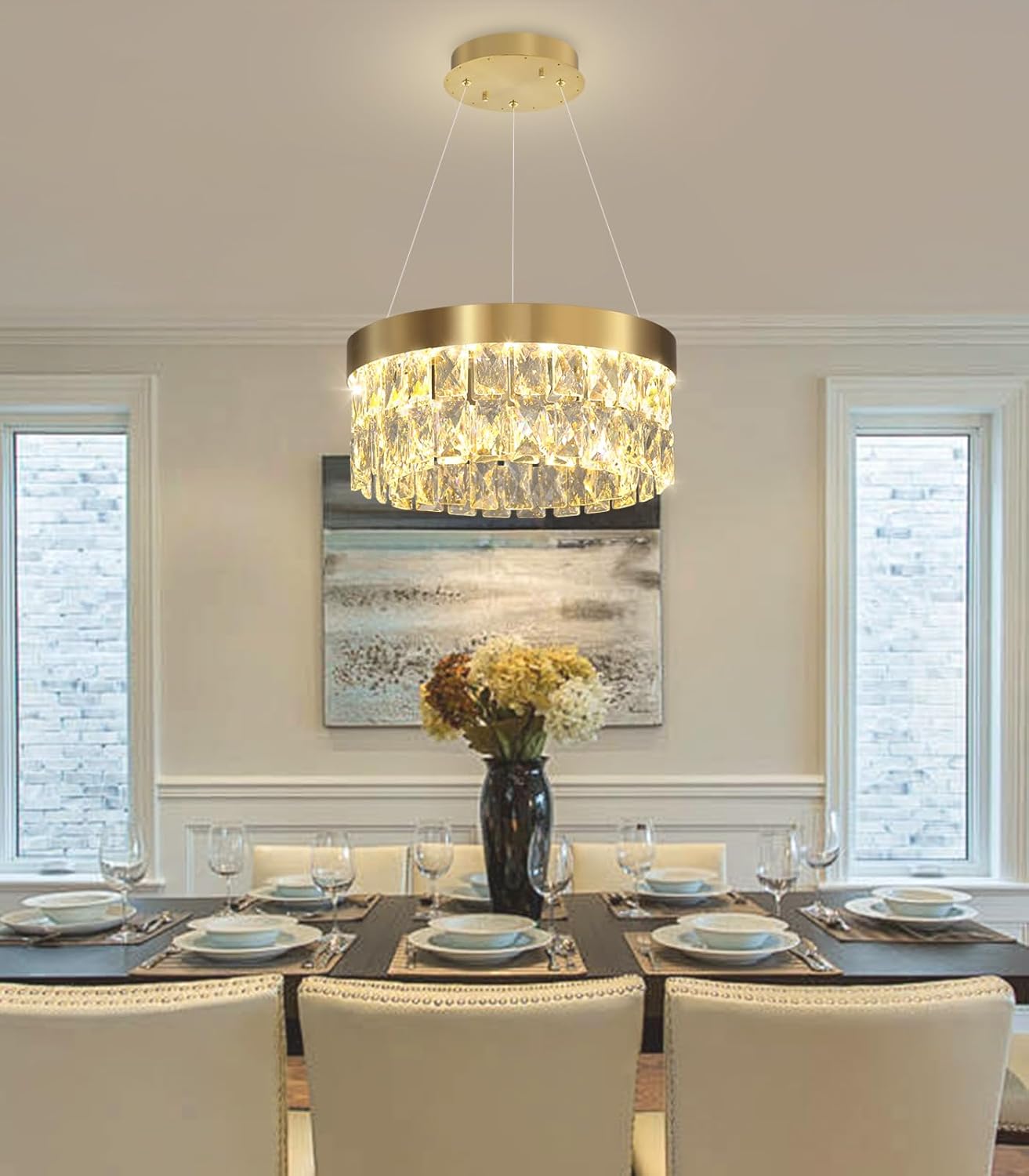 Modern Round Crystal Chandelier for Dining Room Remote Dimmable LED Crystal Pendant Light 17W Adjustable Lighting Fixture for Kitchen Island Living Room Gold