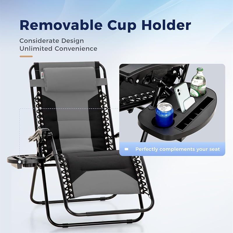 MAISON ARTS Foldable Zero Gravity Chair Set of 2, Cup Holder, 28" Seat Grey image 4