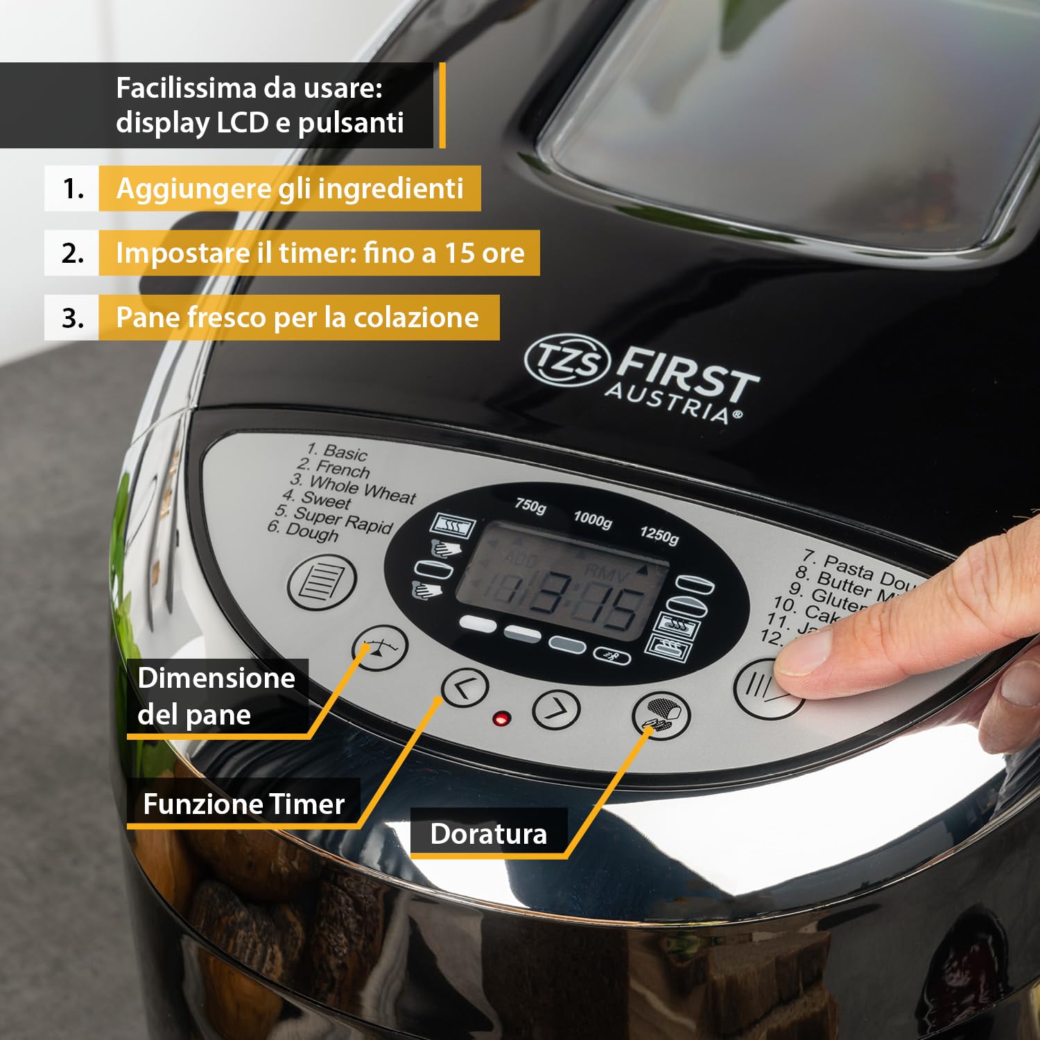 TZS First Austria - Macchina per il pane con 12 programmi automatici 850W - Panificatore elettrico da 700-1250g - Con finestrella, timer, accessori e funzione di mantenimento in caldo - Nero