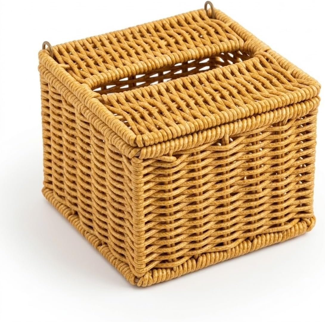 Kapaklı Hasır Peçetelik Kutu 13x13x9 cm Doğal Rattan Peçete Saklama Kutusu