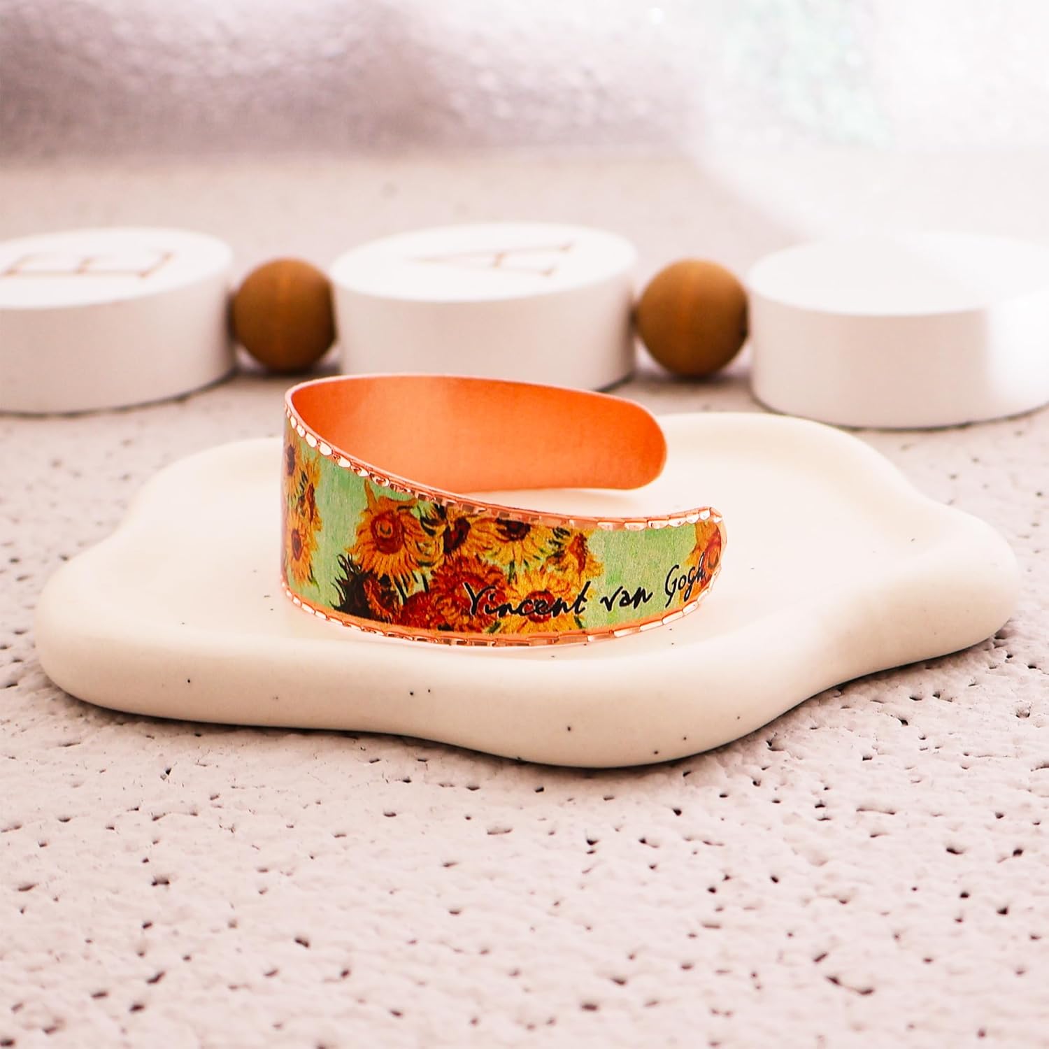 Copper Cuff Sunflower Bracelets, Art Jewelry/Painted Artwork by Van Gogh, Sunflowers Jewelry, Sunflower Gifts Handmade Rustic Sunflower Bracelets, Van Gogh Jewelry BVG-01