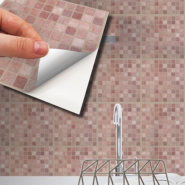 WALPLUS 24pcs 15x15cm Vintage Pink Marble Mosaic Wall Tile Sticker Set Light Peel and Stick Backsplash Decals Home Decors Splashback for Kitchen Bathroom Tiles Paint Stick on Wall Living Room Bedroom