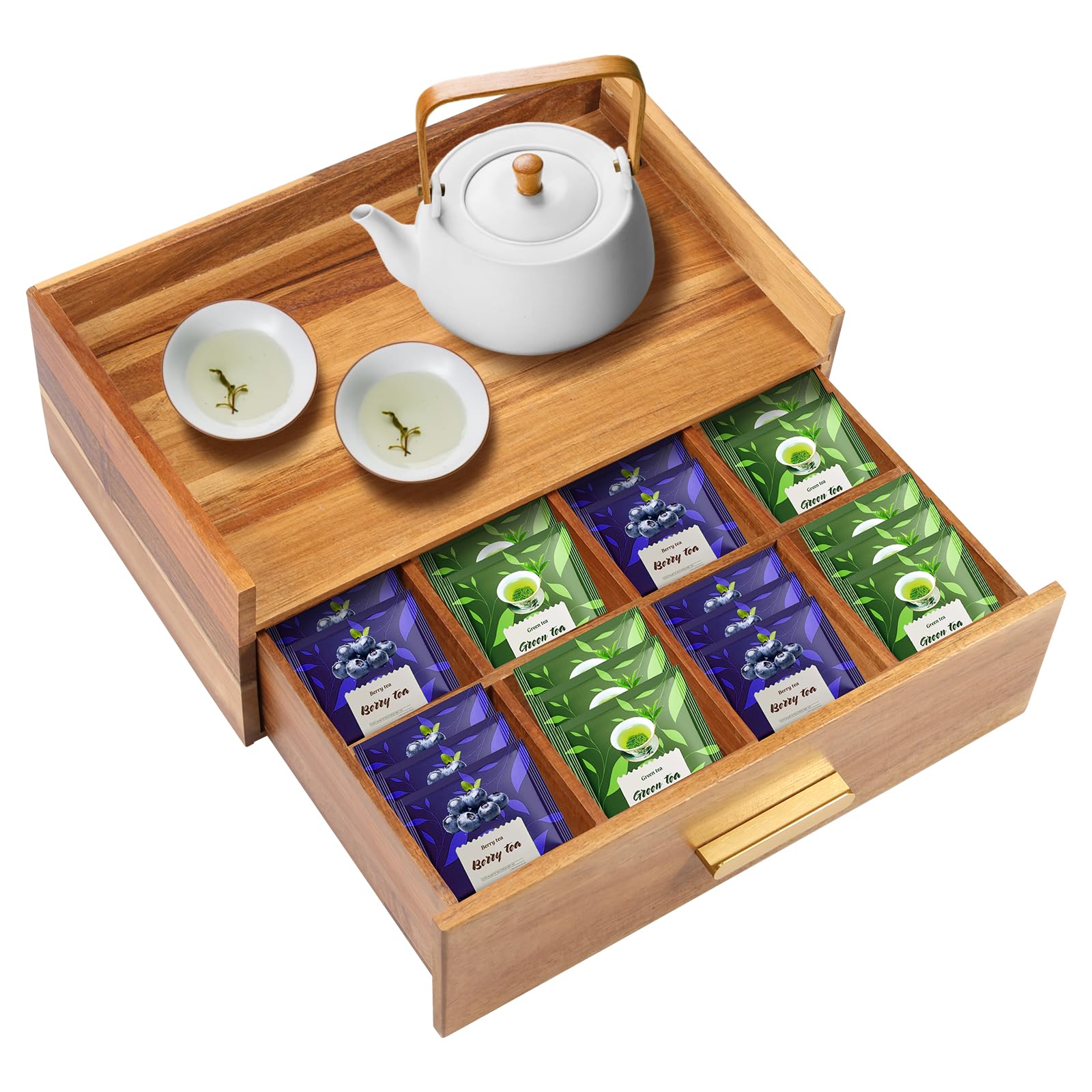 shaojian Tea Bag Organiser 12 Compartments Large Capacity Wooden Tea Bag Storage Box with Removable Drawer and Top Tray, Multi-Functional Coffee Station Chest for Countertop