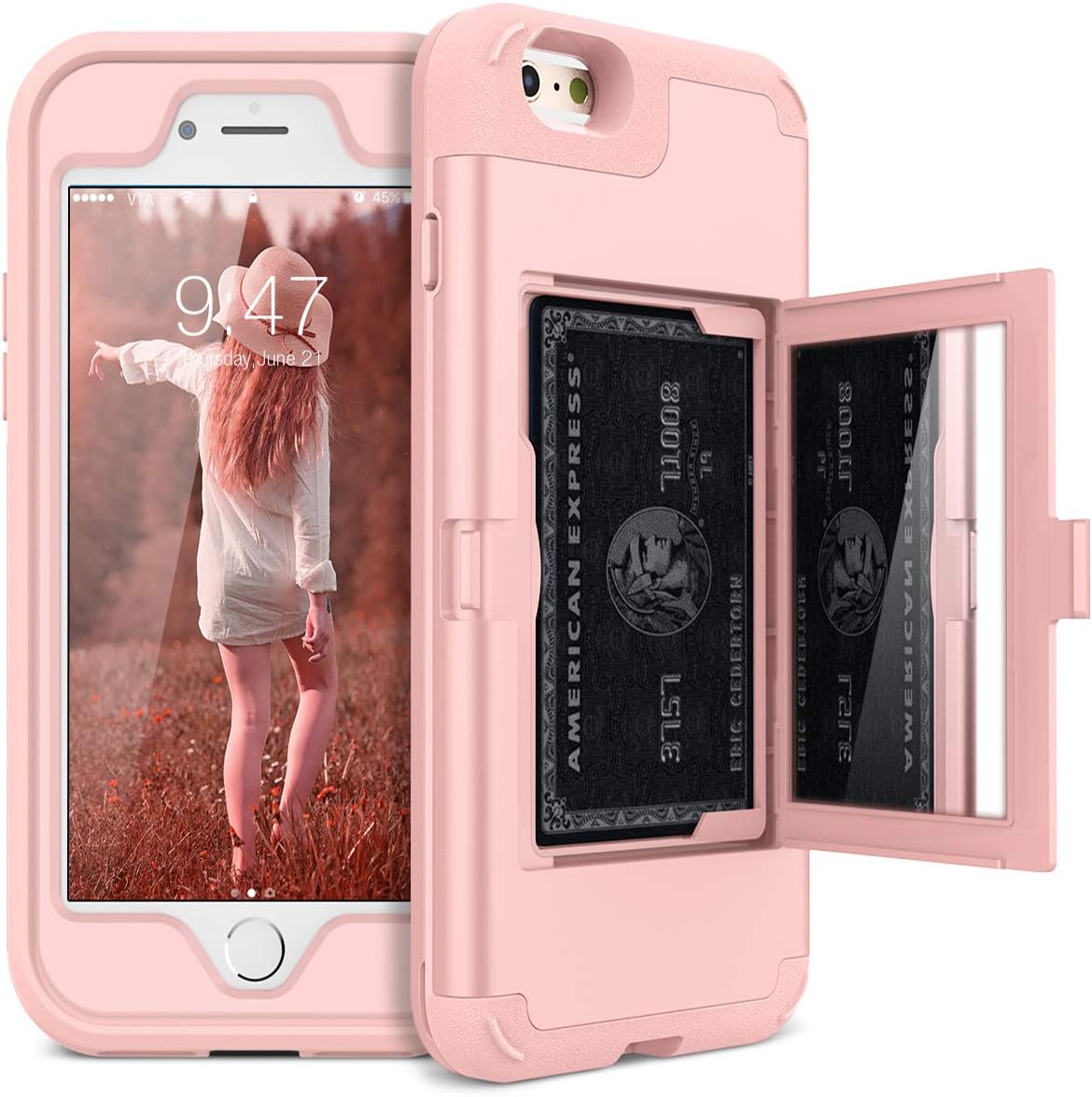 WeLoveCase iPhone 6/6s Wallet Case Defender Wallet Design with Hidden Back Mirror and Card Holder Heavy Duty Protection Shockproof 3 in 1 All-Round Armor Protective Case for iPhone 6 6S - Rose Gold