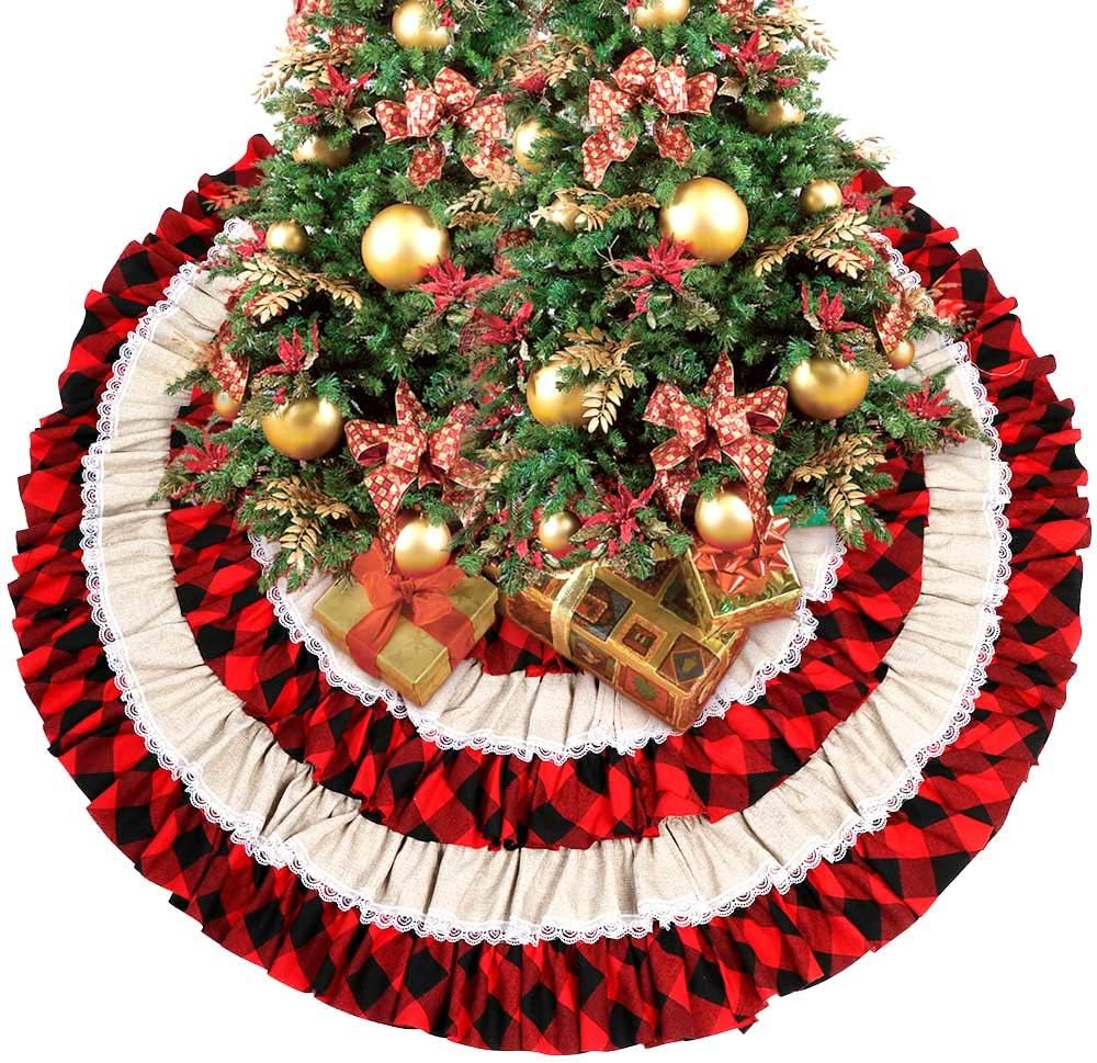 AerWo Buffalo Plaid Christmas Tree Skirt 48 inches, 6 Layers Ruffled Red and Black Buffalo Check Christmas Tree Skirt Burlap Xmas Tree Skirt for Holiday Christmas Decorations