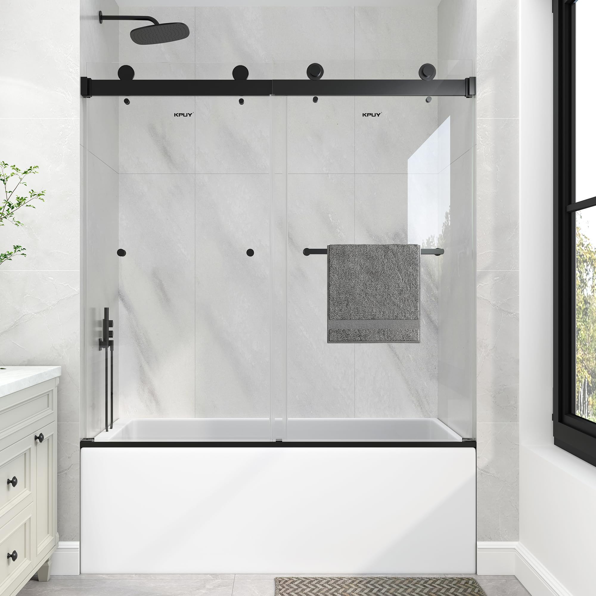 Photo 1 of KPUY Frameless Tub Shower Door, 55-60" W x 60" H Double Sliding Bathtub Door, 1/4" (6mm) Thick Tempered Clear Glass with Explosion-Proof Film Nano Coating, Matte Black