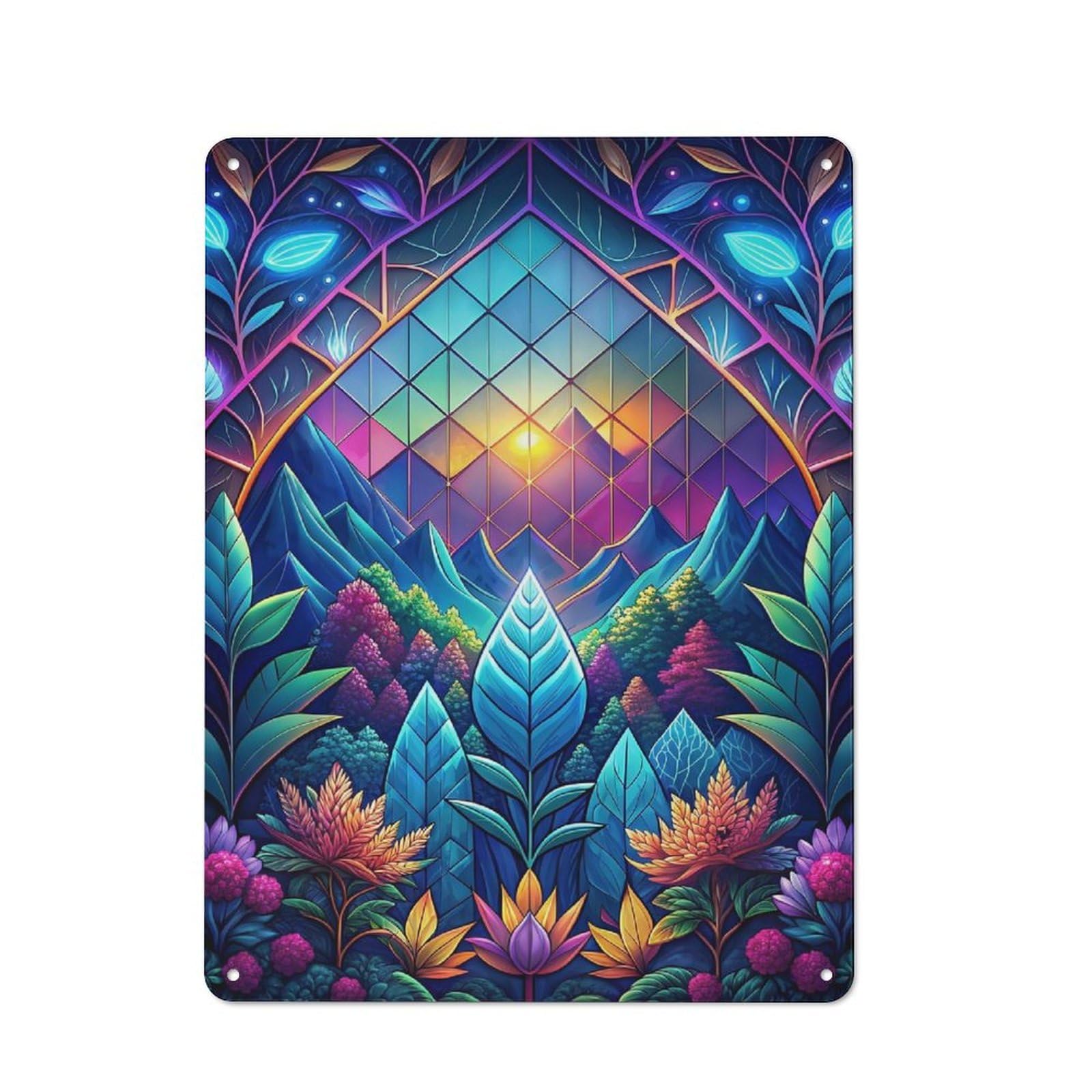 Neon Nature Stained Glass Metal Wall Plaque 40x30cm, Understated Creative Space Decor for Home Office, Reading Corner Or Bedroom