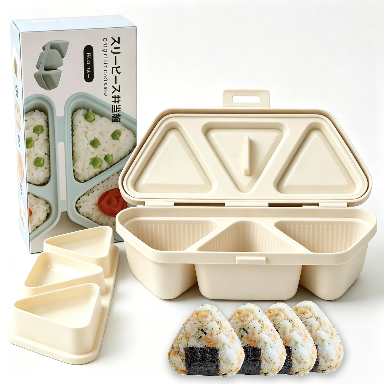 6 in 1 Onigiri Mold Rice Ball Maker – Non Stick Sushi Mold with Spoon 14×4.5cm, Bento Rice Ball Mould, Triangle Sushi Maker, Portable Sushi Making Kit (Beige)