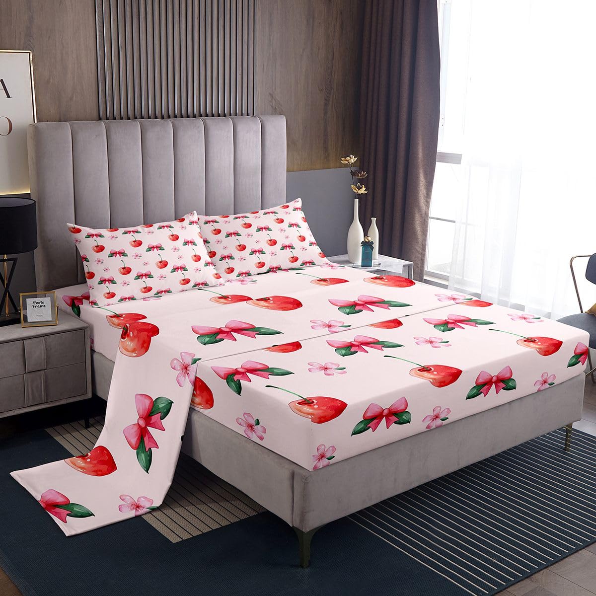 jejeloiu Bow Bed Sheets Sets King Size Kids Boys Girls Cherry Bedding Set Cute Bowknot Bed Sheet Set with 16-Inch Deep Pockets Kawaii 4Pcs with 2 Pillow Cases Light Pink