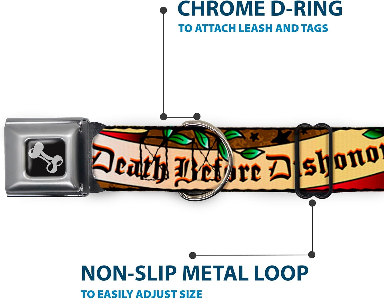 Buckle-Down Seatbelt Buckle Dog Collar - Death Before Dishonor Olive - 1" Wide - Fits 15-26" Neck - Large