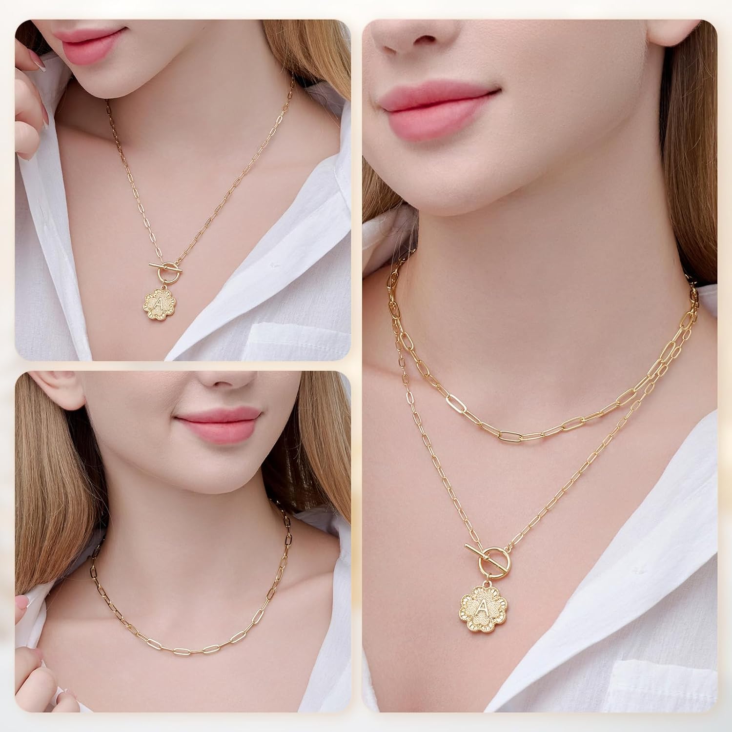 Gold Initial Necklace for Women-14K Solid Gold Over Layering Necklaces for Women Dainty Cute Flower Letter Pendant Gold Layered Necklaces for Women Jewelry Present Christmas Gifts - Image 4