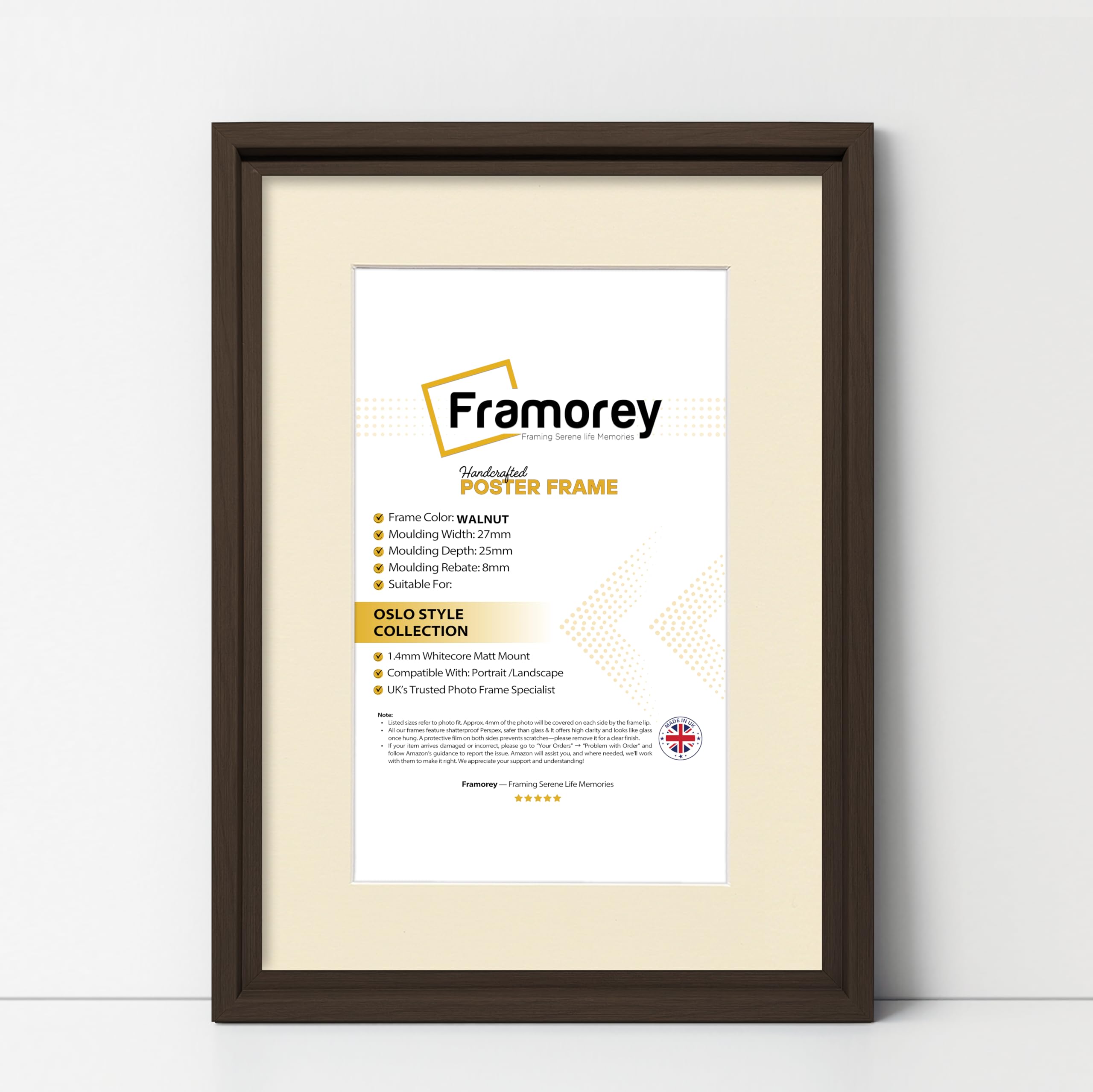 FRAMOREY Oslo Style Picture Frame, 26x20" Size Walnut Photo Frame With 22x16" Size Ivory Mount, Photo College Frame, Home Decor Frames