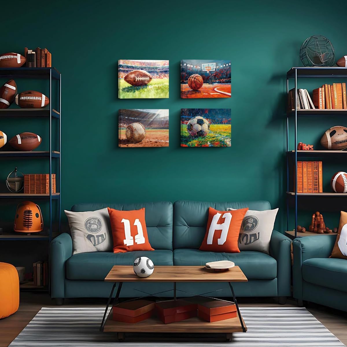 Framed Sports Theme Wall Art, 4 Piece 8x10 Inch Vibrant Ball Canvas Prints for Man Cave Game Room Decor, Football Baseball Basketball Soccer