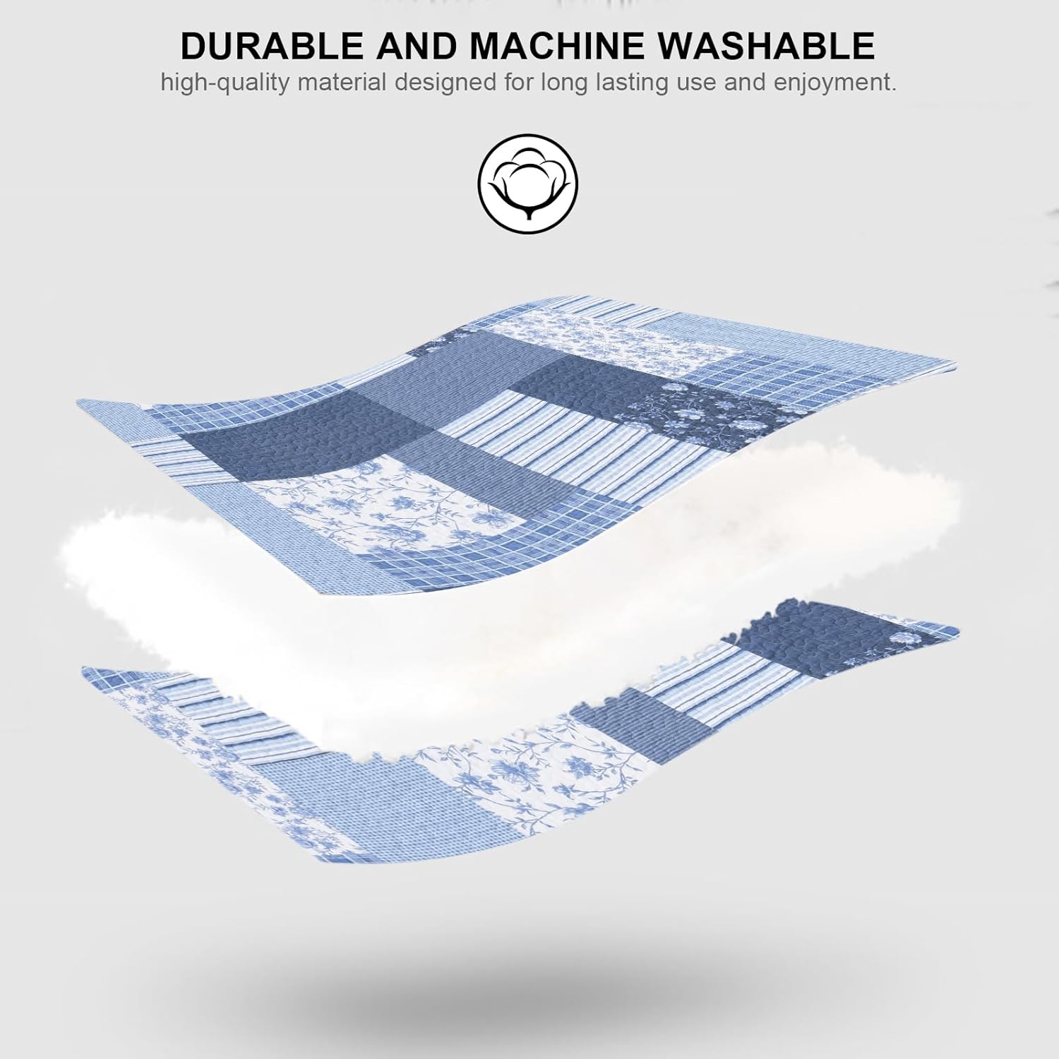 PANGUSHAN 100% Cotton Queen Quilt Bedding Set, Quilt Queen Size, Floral Patchwork Quilted Bedspread, Lightweight Comforter Queen Bed Spread for All Season, 3pcs, Blue/White - Image 6