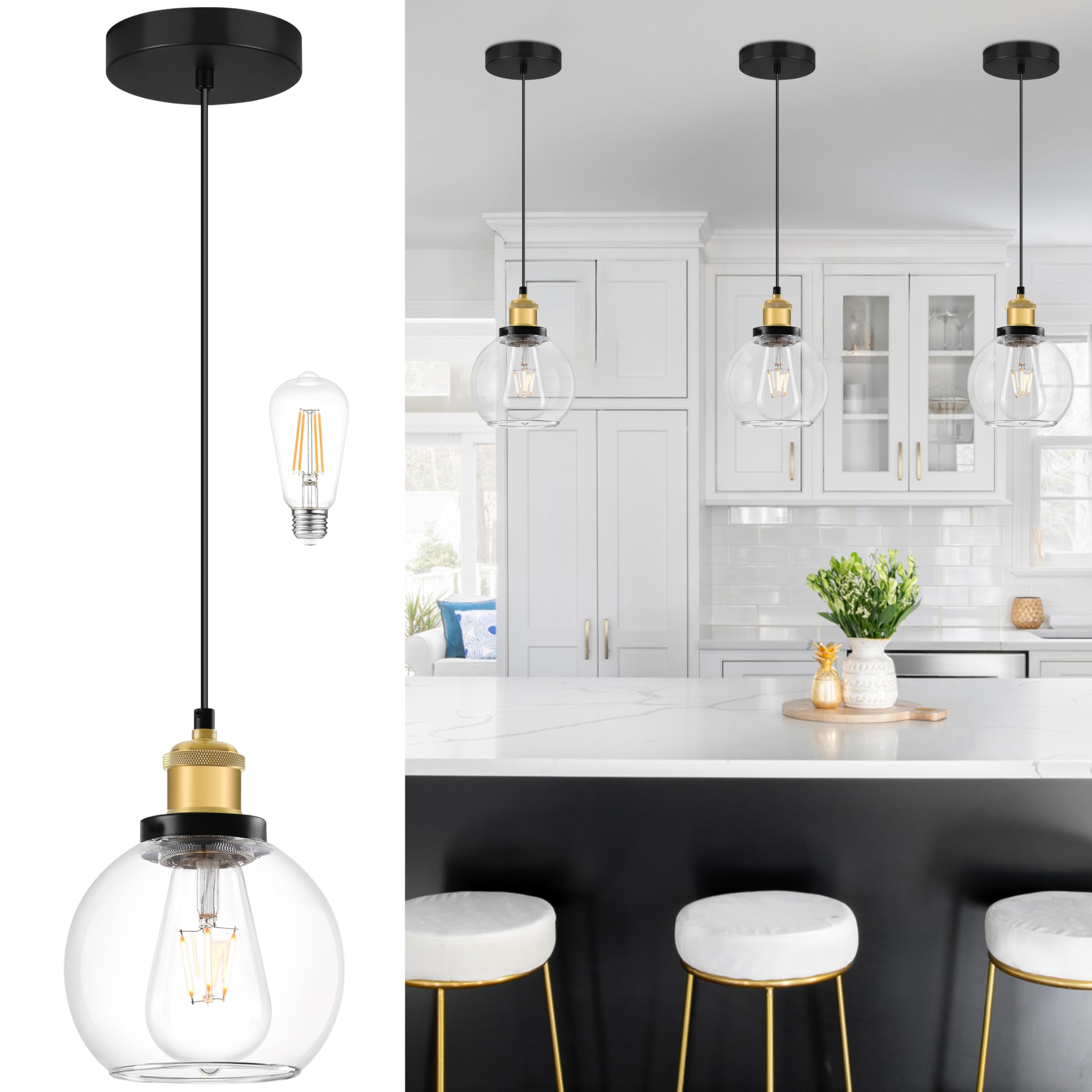Photo 1 of Bagood 6 inch Mini Hanging Pendant Light Contemporary Globe Pendant Lights Kitchen Island Clear Glass with Black Gold Finish Adjustable Hanging Light Fixture for Kitchen Island (Bulb Included)