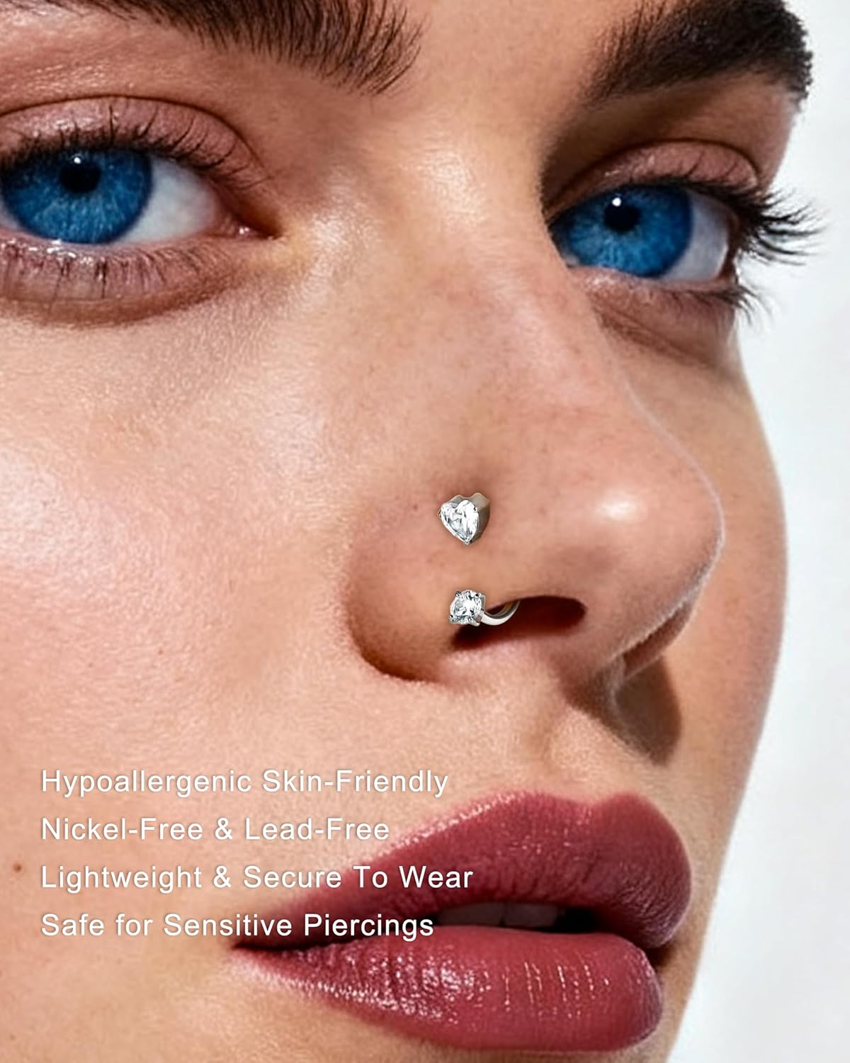 Jewseen 20G Heart Horseshoe Nose Ring 7MM Threadless Lip Piercing Jewelry Push Pin 316L Surgical Steel Nose Ring for Women Double Cubic Zirconia Septum Lip Daith Conch Piercing Jewelry Hypoallergenic - Image 2