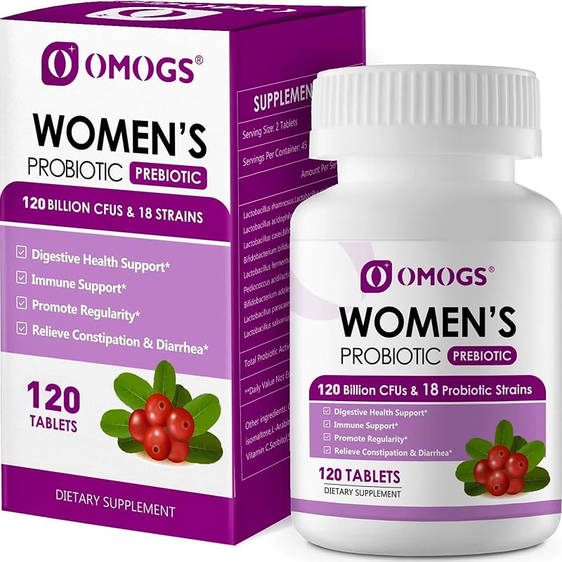 OMOGS Probiótico para mujeres, con extracto de arándano, prebióticos orgánicos y vitamina C, 120 mil millones de UFC, 18 cepas, ayuda para estimular la salud inmunológica, digestiva, intestinal y de la mujer, 120 tabletas