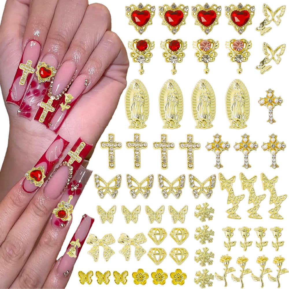 Juego de 64 dijes dorados para uñas con gemas de acero de aleación Y2K, rosa, mariposa, diamantes, corazones, dijes de uñas de cru