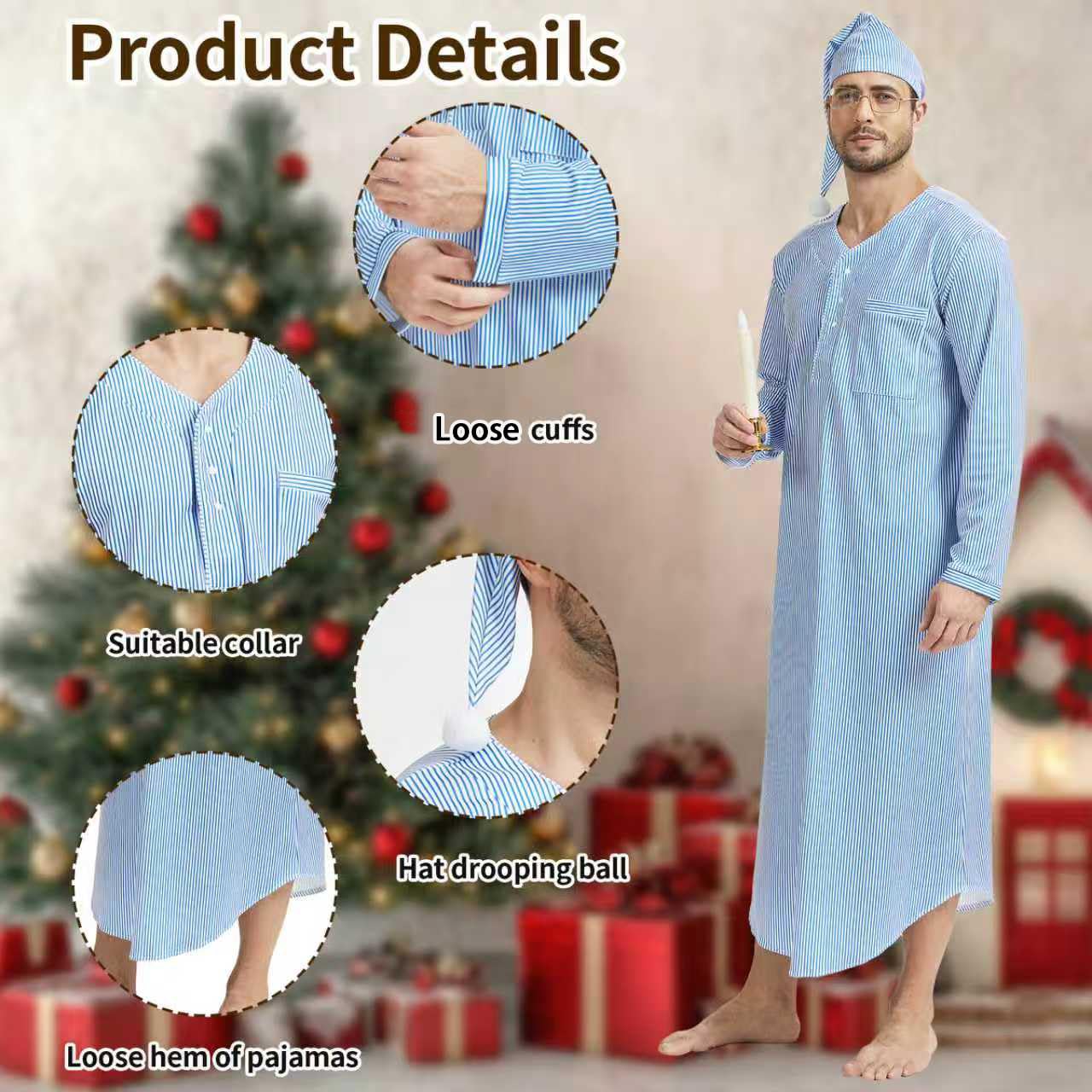 Conjunto de pijama divertido de 4 piezas para Navidad y carnavales, incluye bata, gorro de noche, gafas y velas de imitación