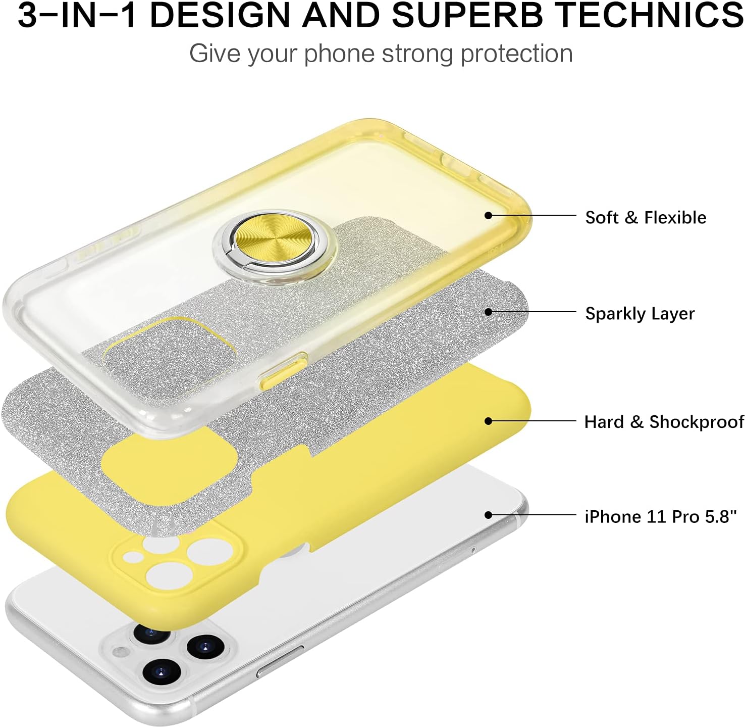 BENTOBEN iPhone 11 Pro Case, Slim Fit Glitter Sparkly Shockproof Case with 360° Ring Holder Kickstand Magnetic Car Mount Supported Protective Girls Women Cover for iPhone 11 Pro 5.8" (2019), Yellow