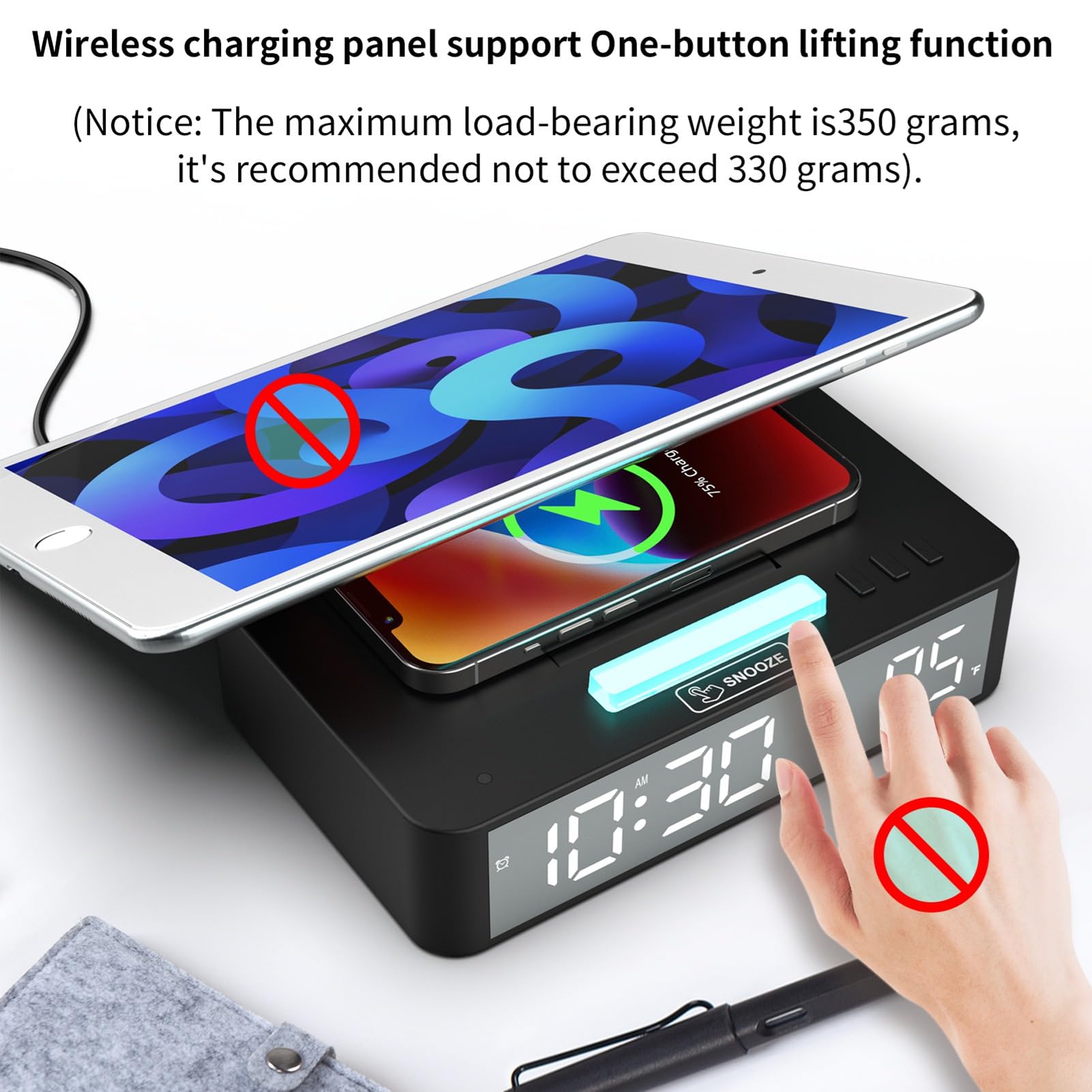 Zegar na Biurko LED z Szybkim Bezprzewodowym ładowaniem Kolorowe światło Nocne Lustrzany Ekran dla IPhone'a Samsung Smartfony z Systemem Home Office Travel Black (Czarny)