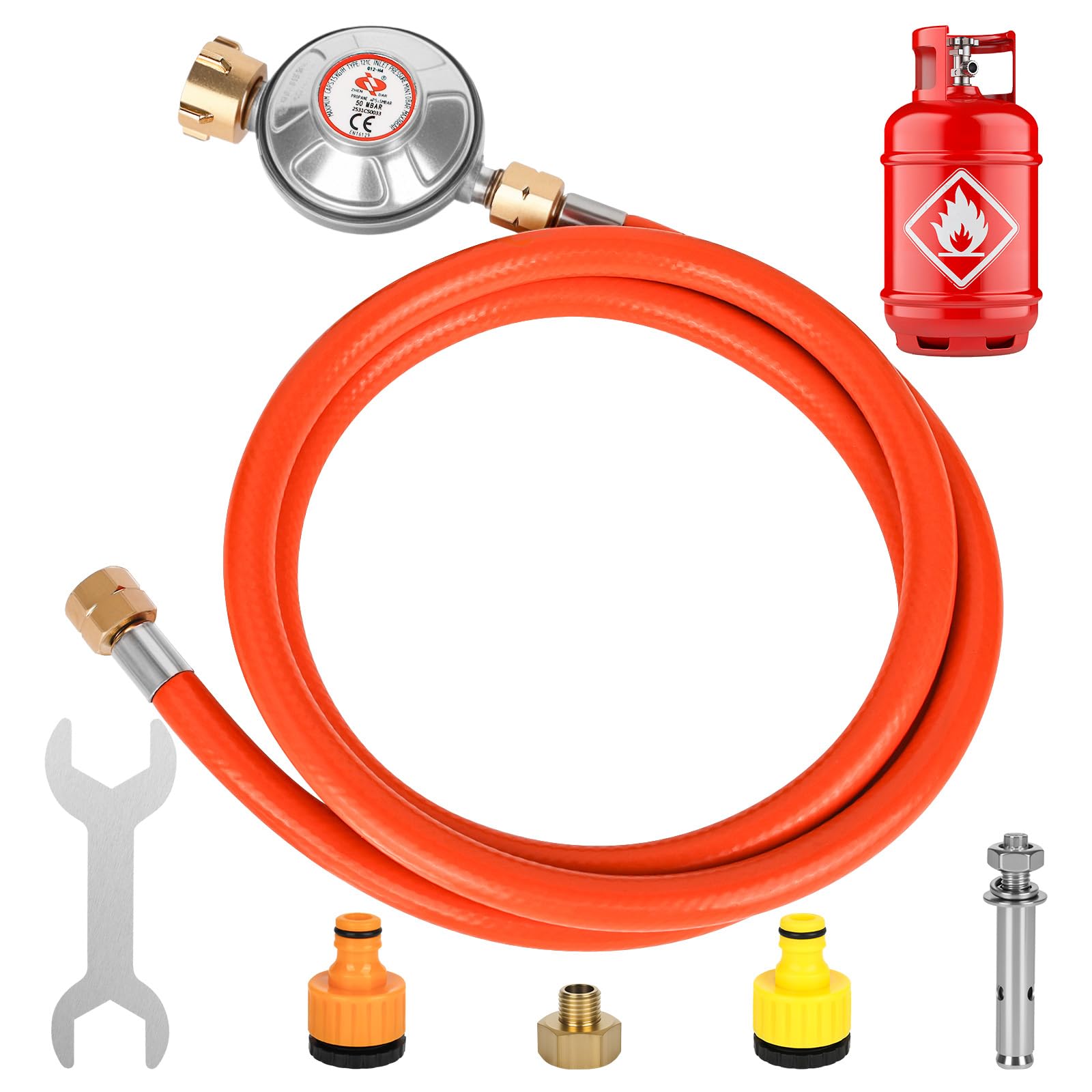Régulateur de pression de gaz 50 mbar, tuyau de gaz de 150 cm, filetage extérieur 1/4" -19 LH, régulateur de pression de gaz à basse pression pour barbecues pour camping, pique-niques