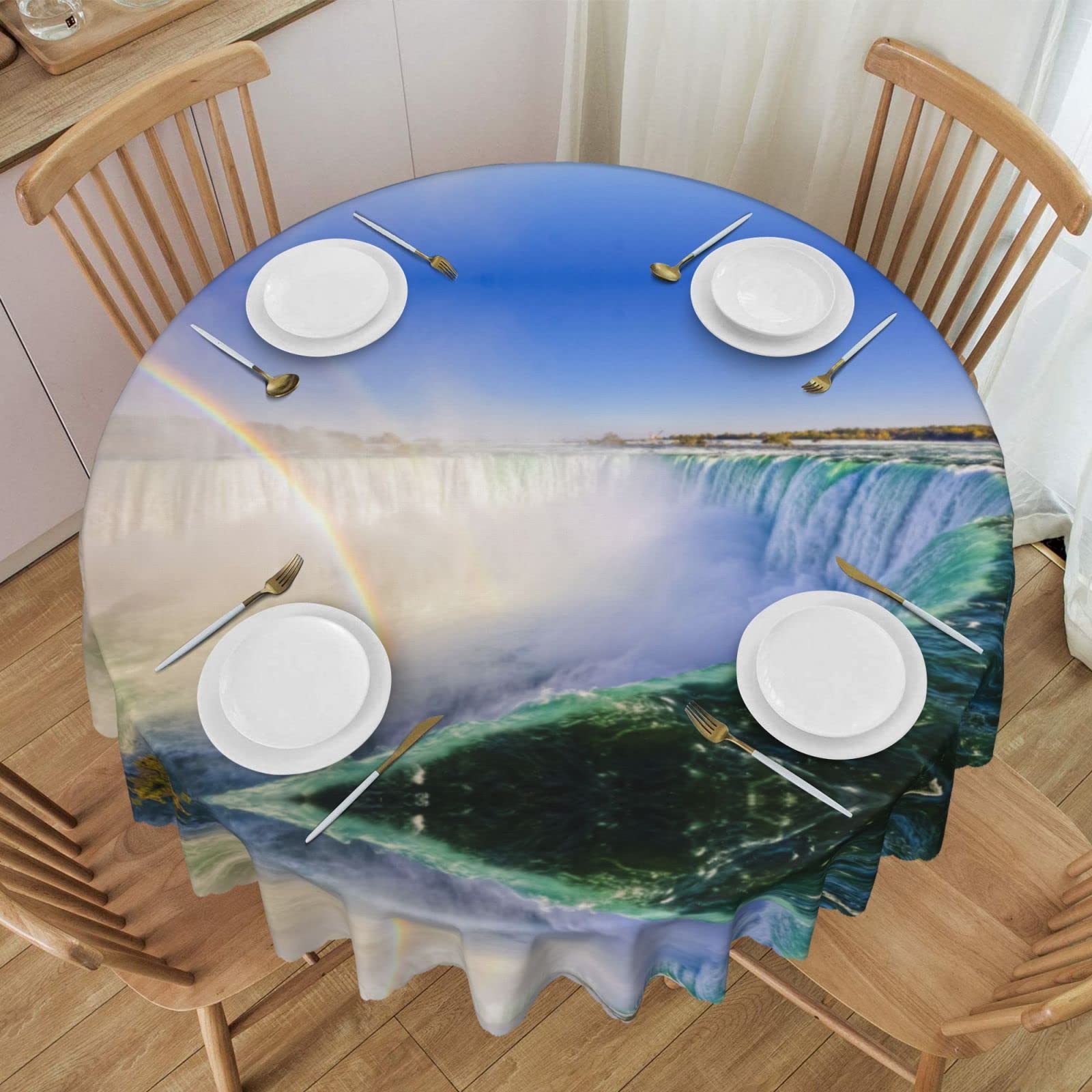 Nappe ronde de 152 cm polyester anti-tache motif nature pour table cuisine