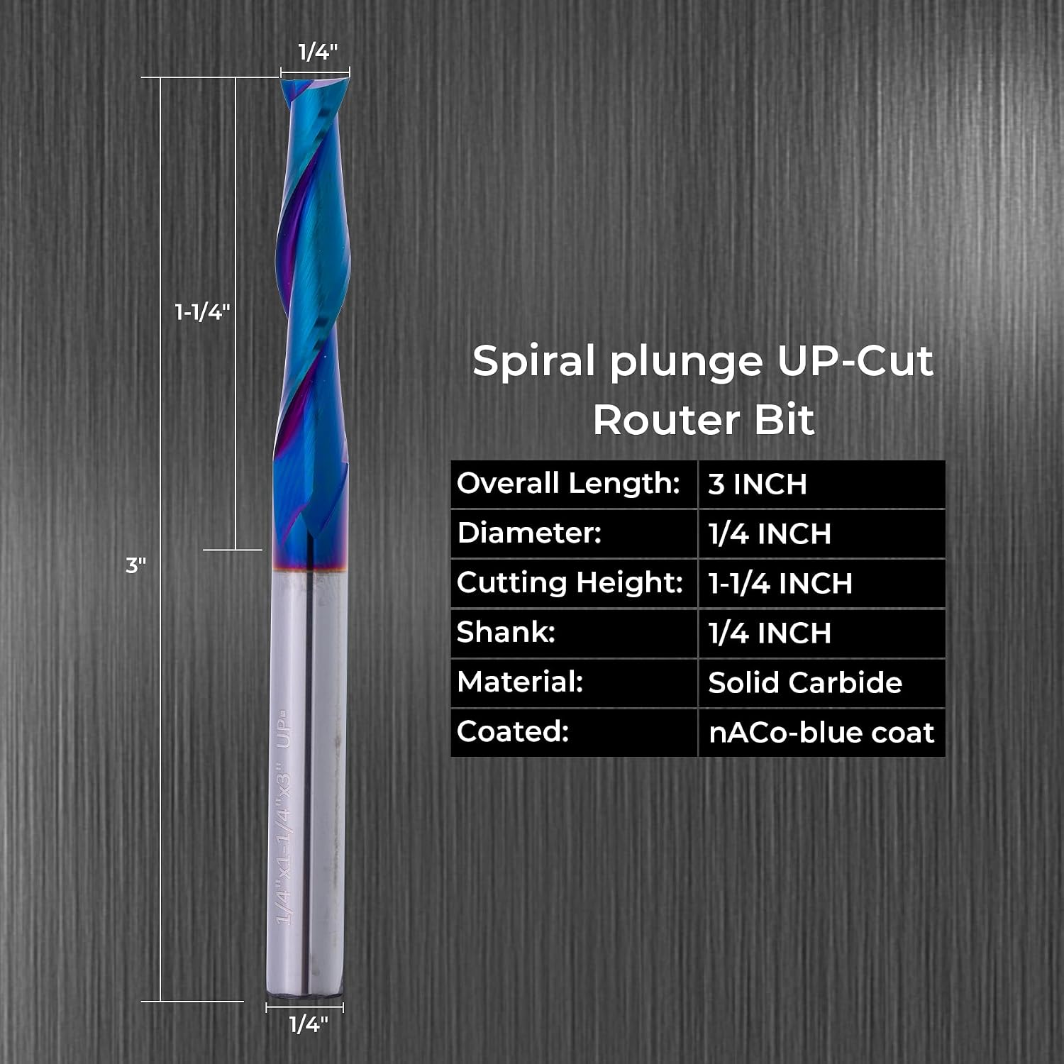 Extra Long Downcut Spiral Router Bit 1/4 Inch Shank 1/4 Inch Cutting Dia. 1-1/4Inch CL. 3 Inch OVL. Solid Carbide Down Cut CNC Bit, Ideal for Wood Cutting, Slotting, Engraving, Carving