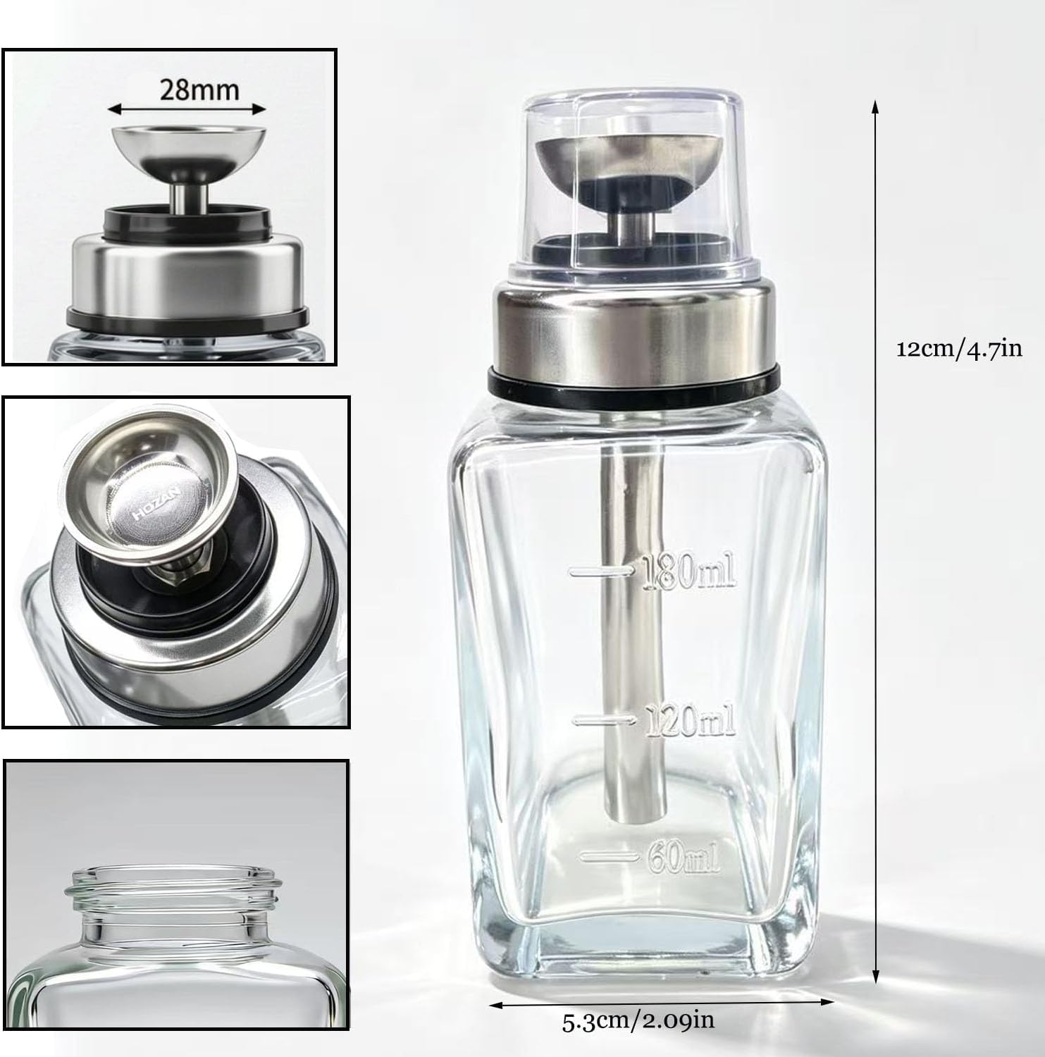 6 Oz/ 180ml Glass Pump Down Pump Dispenser Bottle for Acetone