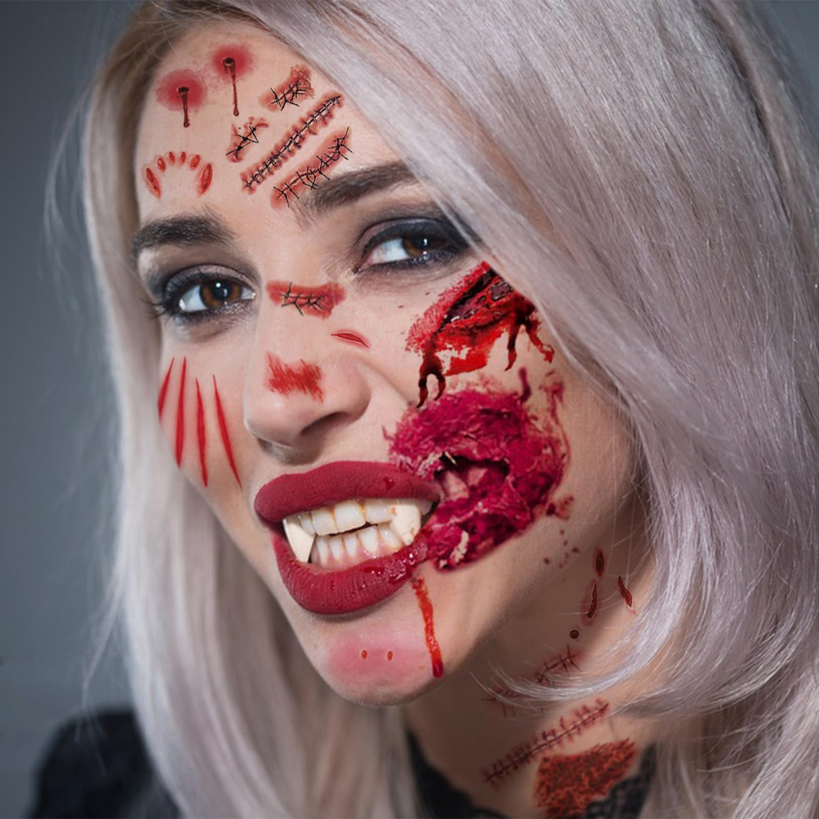 10 pz 3D Cicatrice Finta Tatuaggi Adesivo Corpo Viso Realistico Scab Tatuaggi Temporanei Halloween Horror Fera Sanguinante Adesivi Per Il Trucco FAI DA TE  66