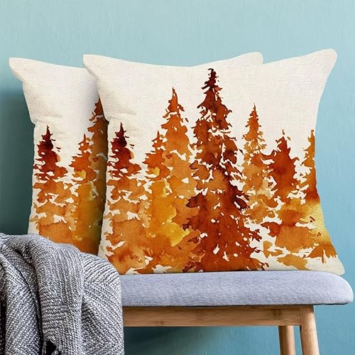 Miniatura 4 de Juego de 2 fundas de almohada de otoño de 18 x 18 pulgadas, fundas de almohada con temática natural de árbol naranja quemado, fundas de almohada