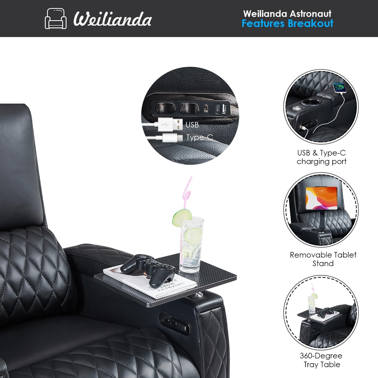 Weilianda Astronaut Zero Gravity Home Theater Seating Top Grain Leather Recliner Sofa Power Headrest Footrest with Carbon Fiber Tray Table, Tablet Stand, Type-C USB Charging, Cup Holder Row of 1 Black
