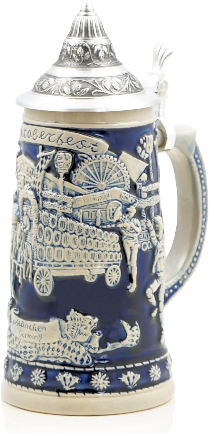 German Beer Stein"Oktoberfest" | Traditional Bavarian Beer Mug with Ornate Metal Lid | 0.5 Liter (1 pt.) | Blue | Made in Germany