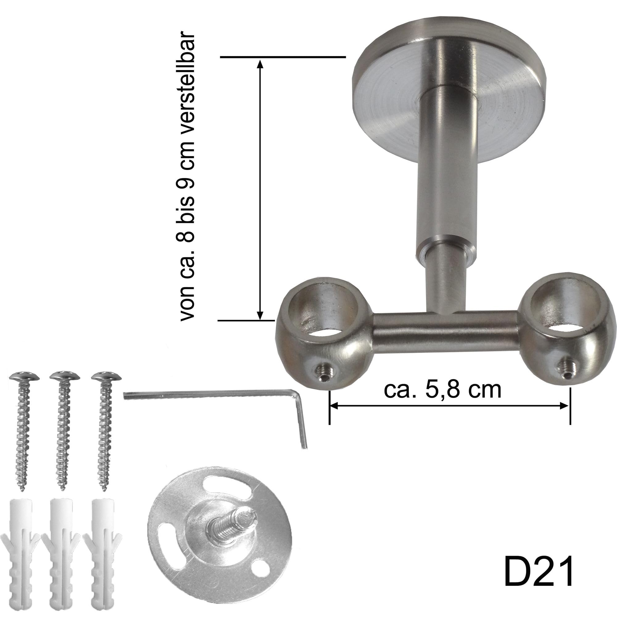 BASIT Gardinenstange Edelstahllook 16mm 2-läufig Decke 360cm lang D21 | Gardinenstangenset doppelläufig Deckenmontage Metall Vorhangstange Deckenhalterung 120-600cm wählbar Kappe Kugel E22