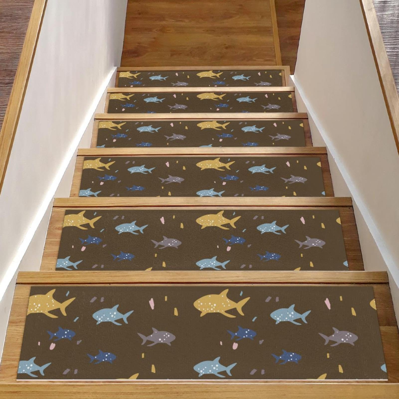 Alfombrillas de peldaños de escalera de madera acabado premium color marrón ballena de 8x30