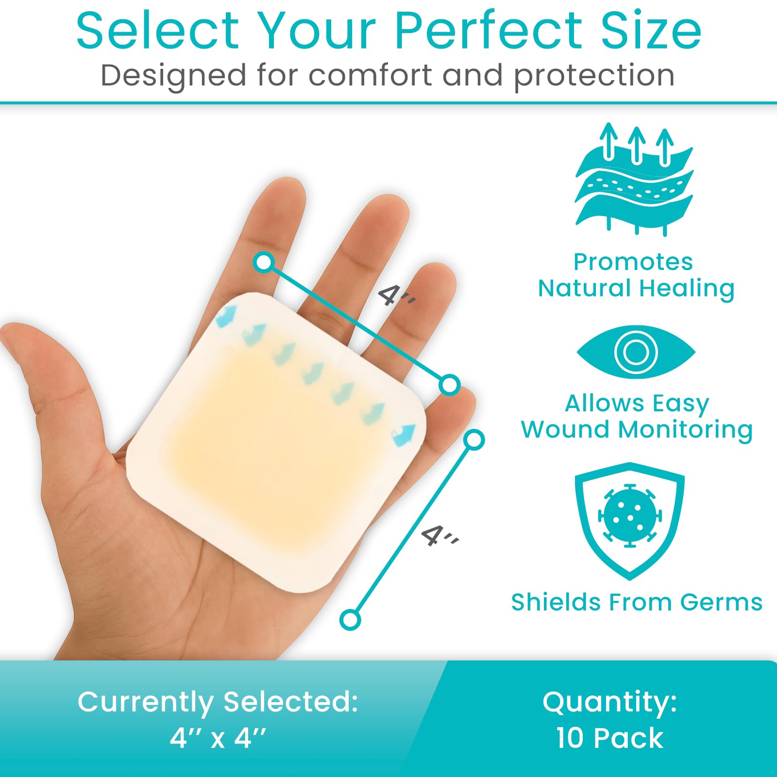 Hydrocolloid Bandage 10 Pack, 4''x4'' For Medium Wounds, Ulcers, Bed